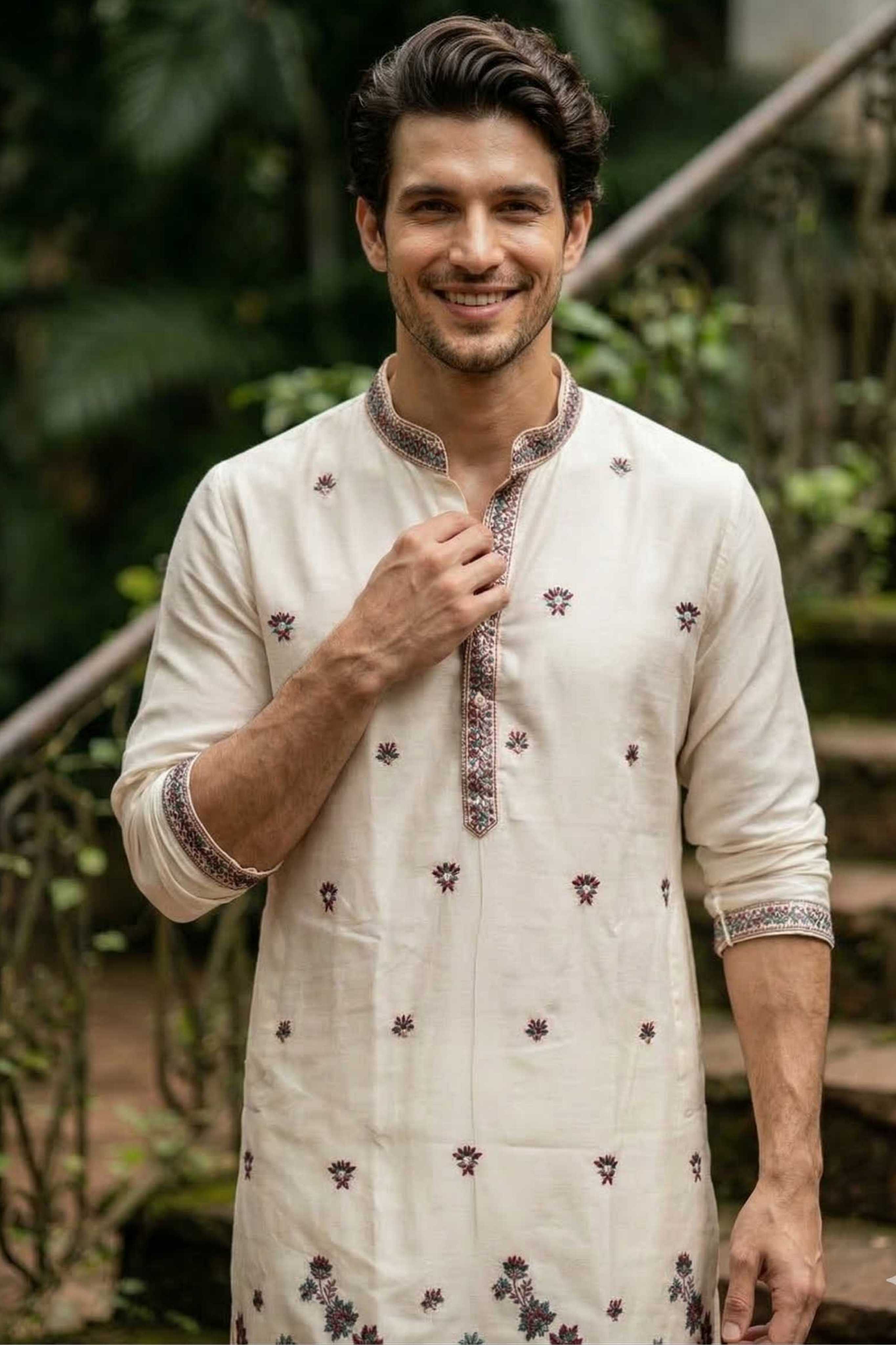 Off White Georgette Classic Floral Embroidery Long Kurta with Dupatta