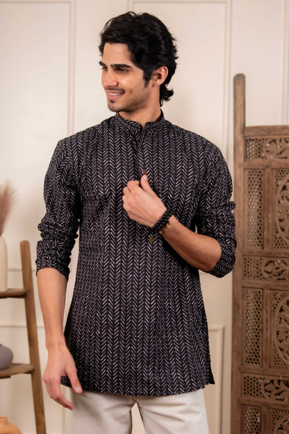 The Smoke Black Striped Short Kurta
