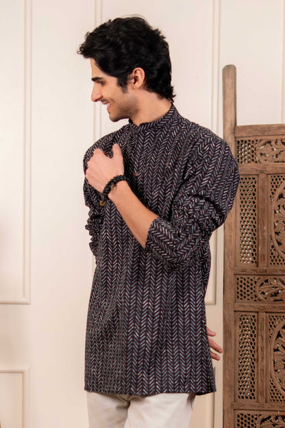 The Smoke Black Striped Short Kurta
