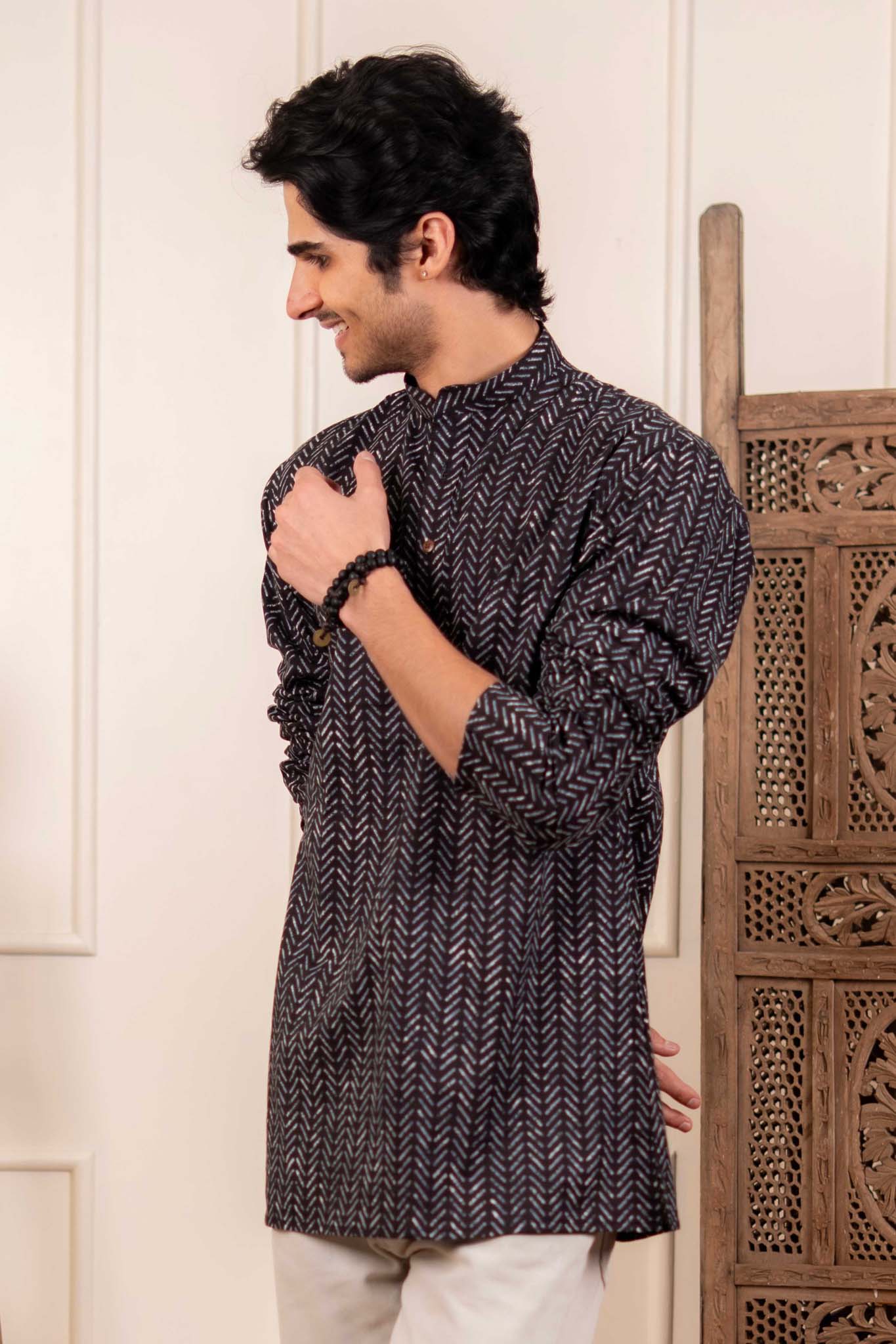 The Smoke Black Striped Short Kurta