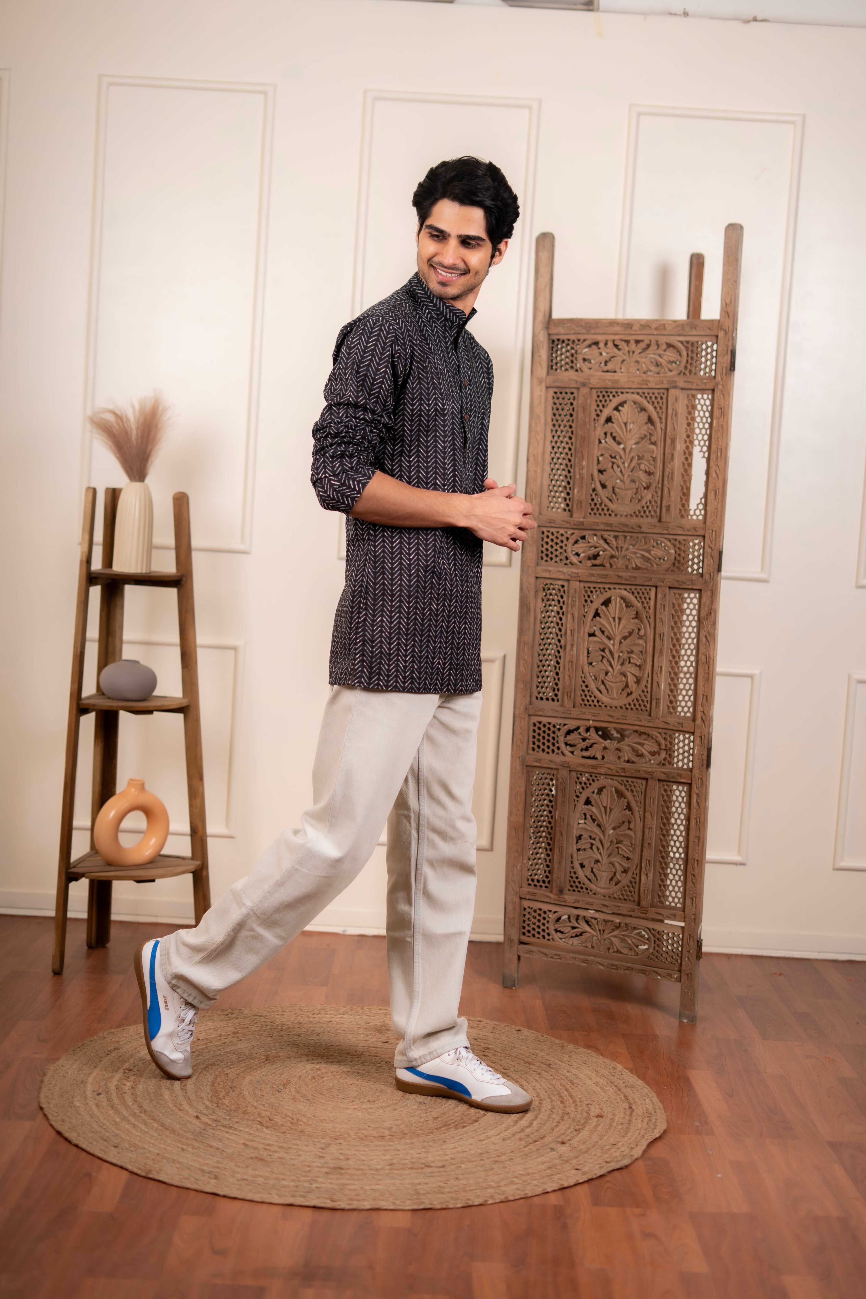 The Smoke Black Striped Short Kurta