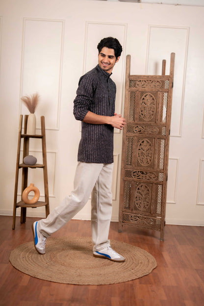 The Smoke Black Striped Short Kurta