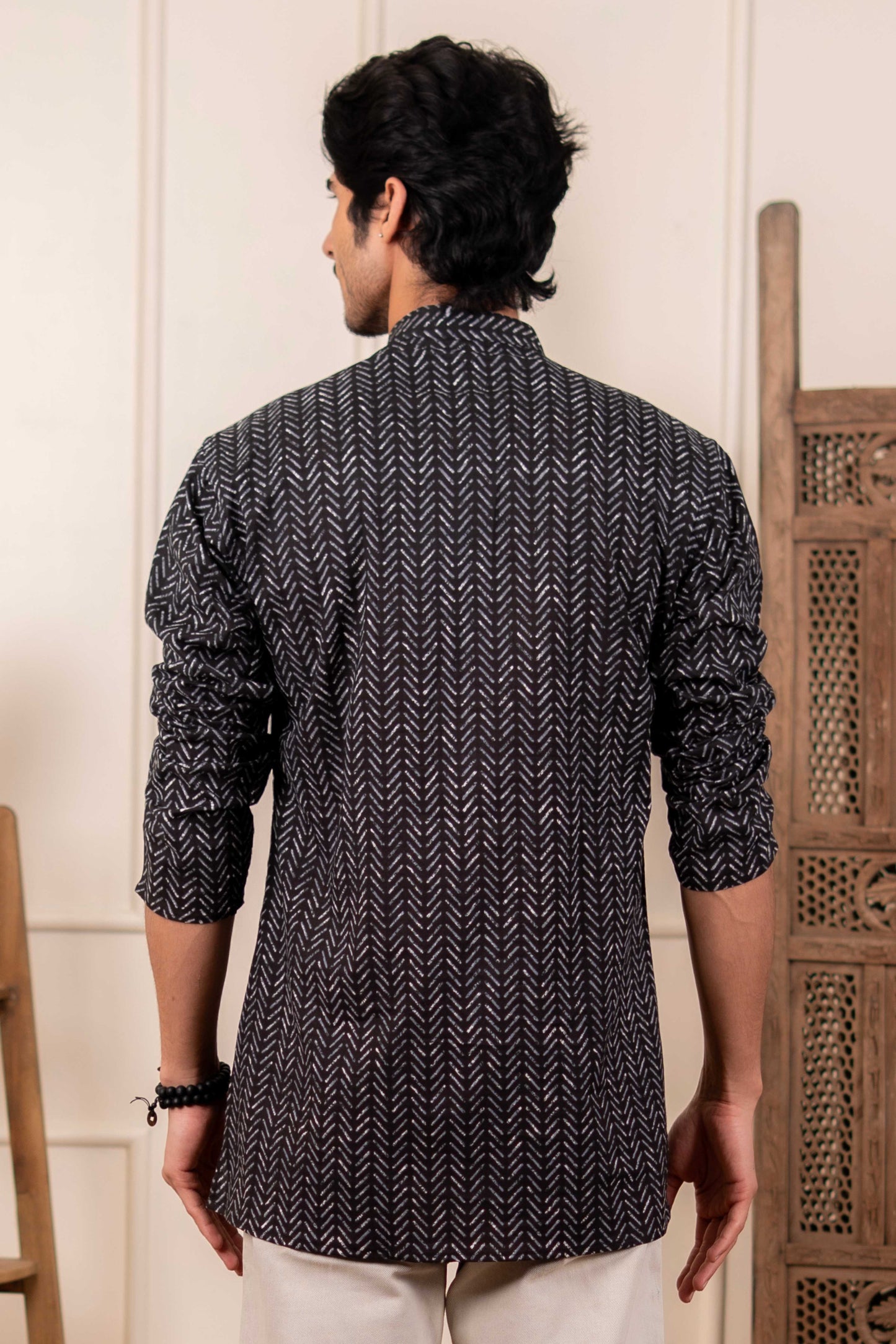 The Smoke Black Striped Short Kurta