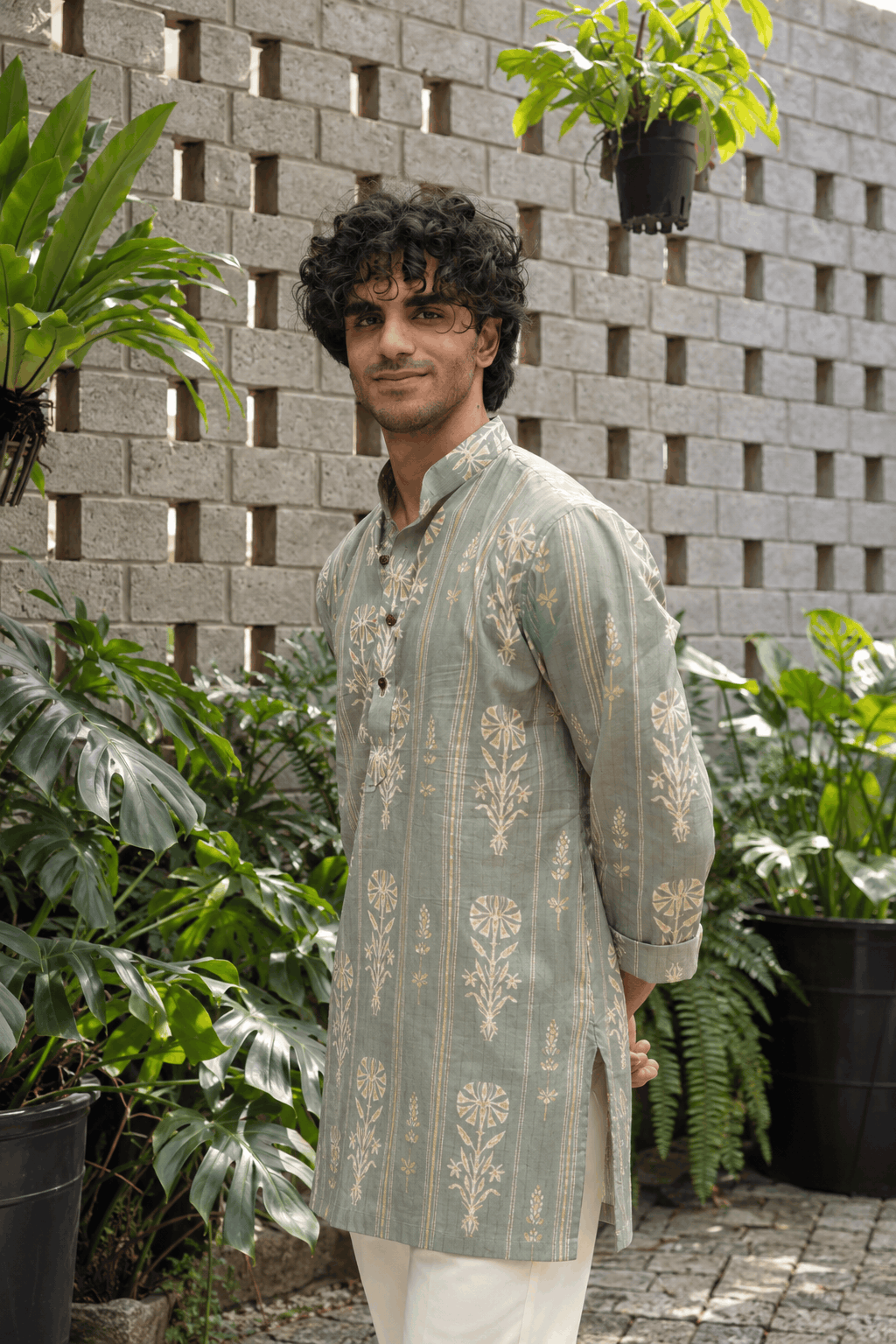 The Muted Grey Golden Print Mid Thigh Length Kurta