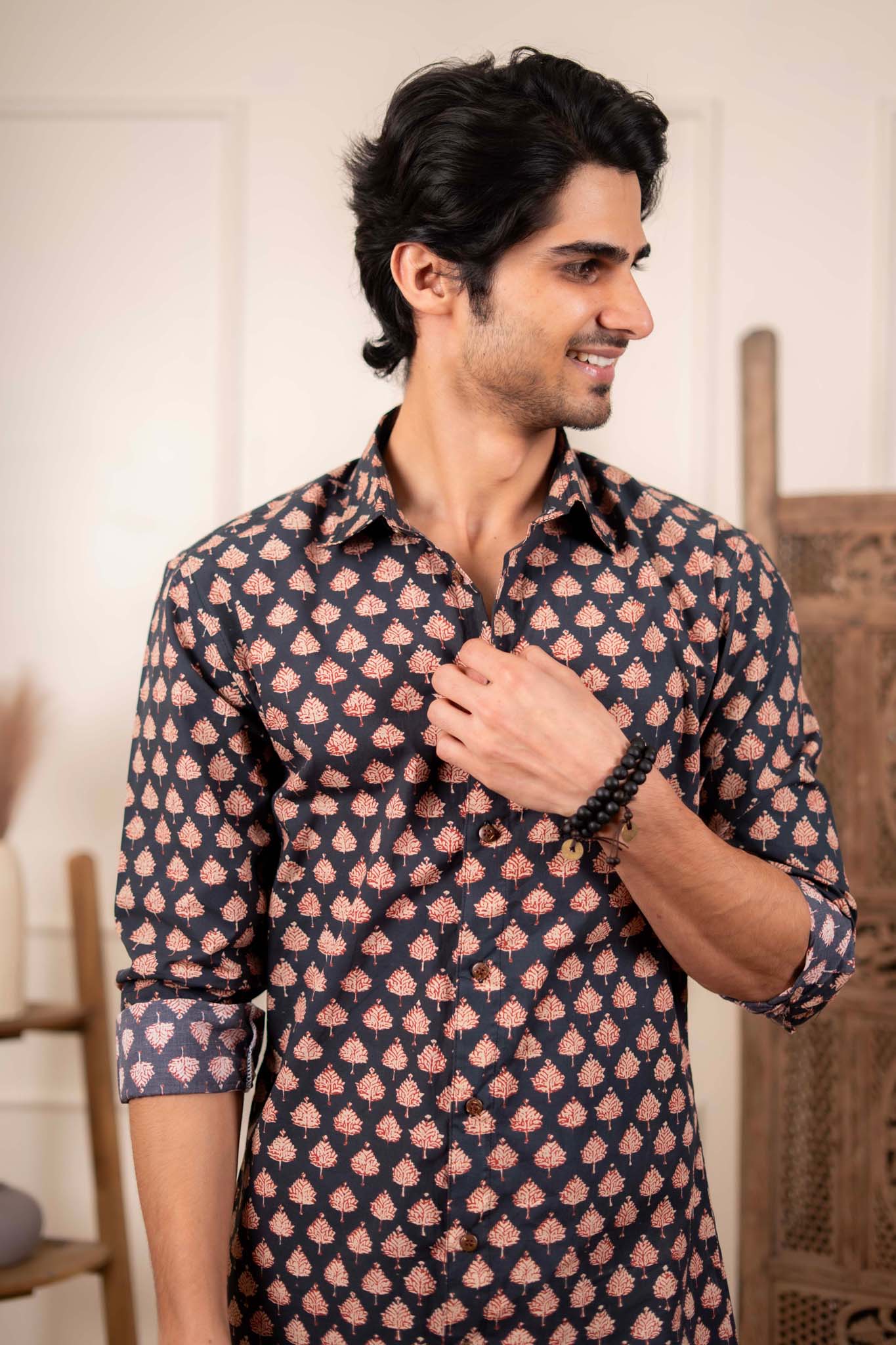 The Fleet Black Leaf Motif Shirt