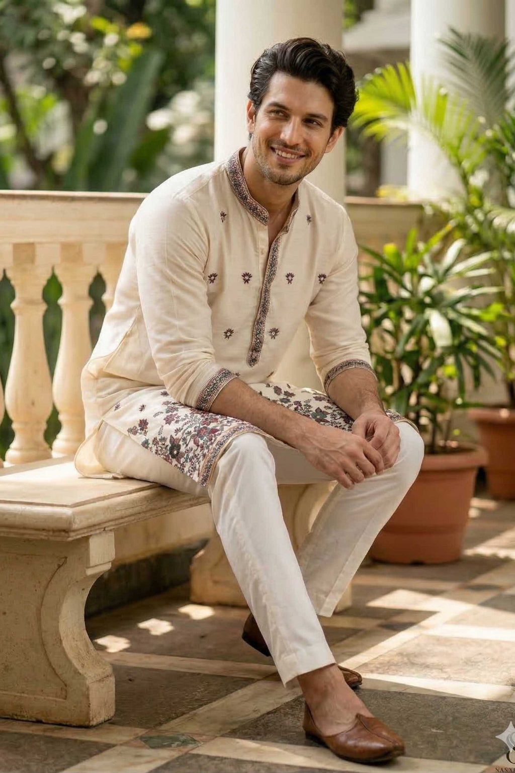 Off White Georgette Classic Floral Embroidery Long Kurta with Dupatta