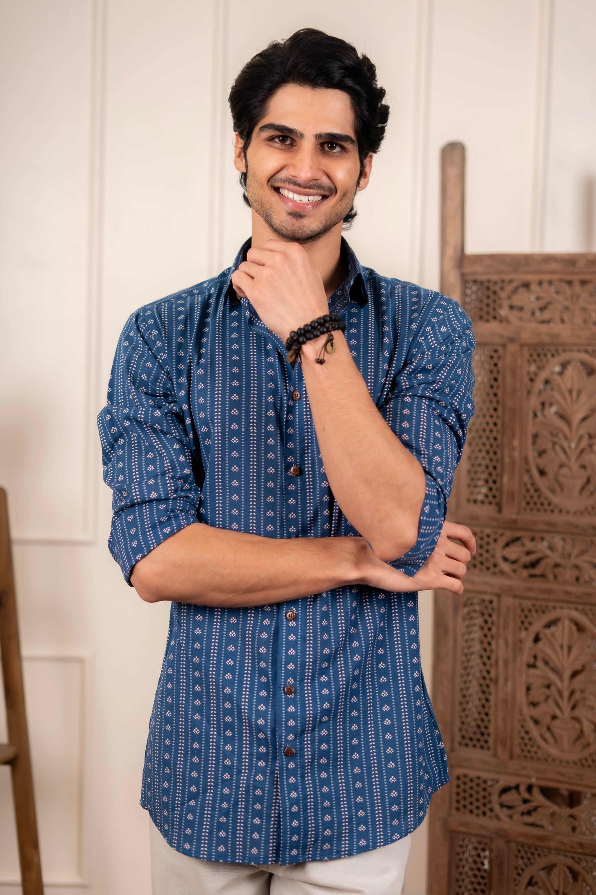 The Acquire Blue Shirt with Traditional Indian Block Print