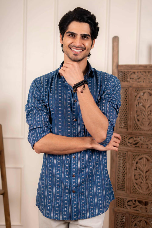The Acquire Blue Shirt with Traditional Indian Block Print