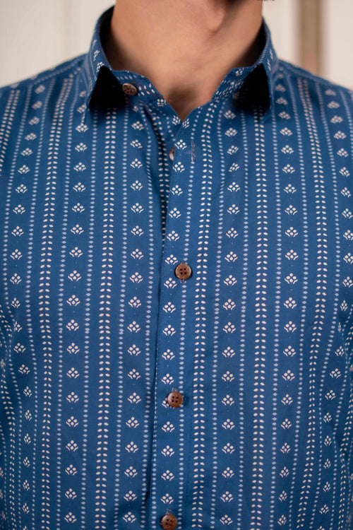 The Acquire Blue Shirt with Traditional Indian Block Print