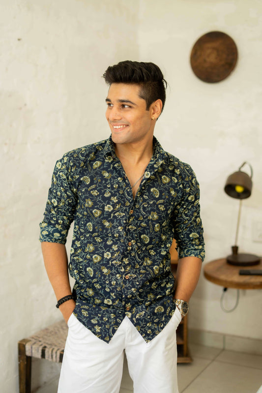 The Yale Blue Shirt with Floral Batik Print