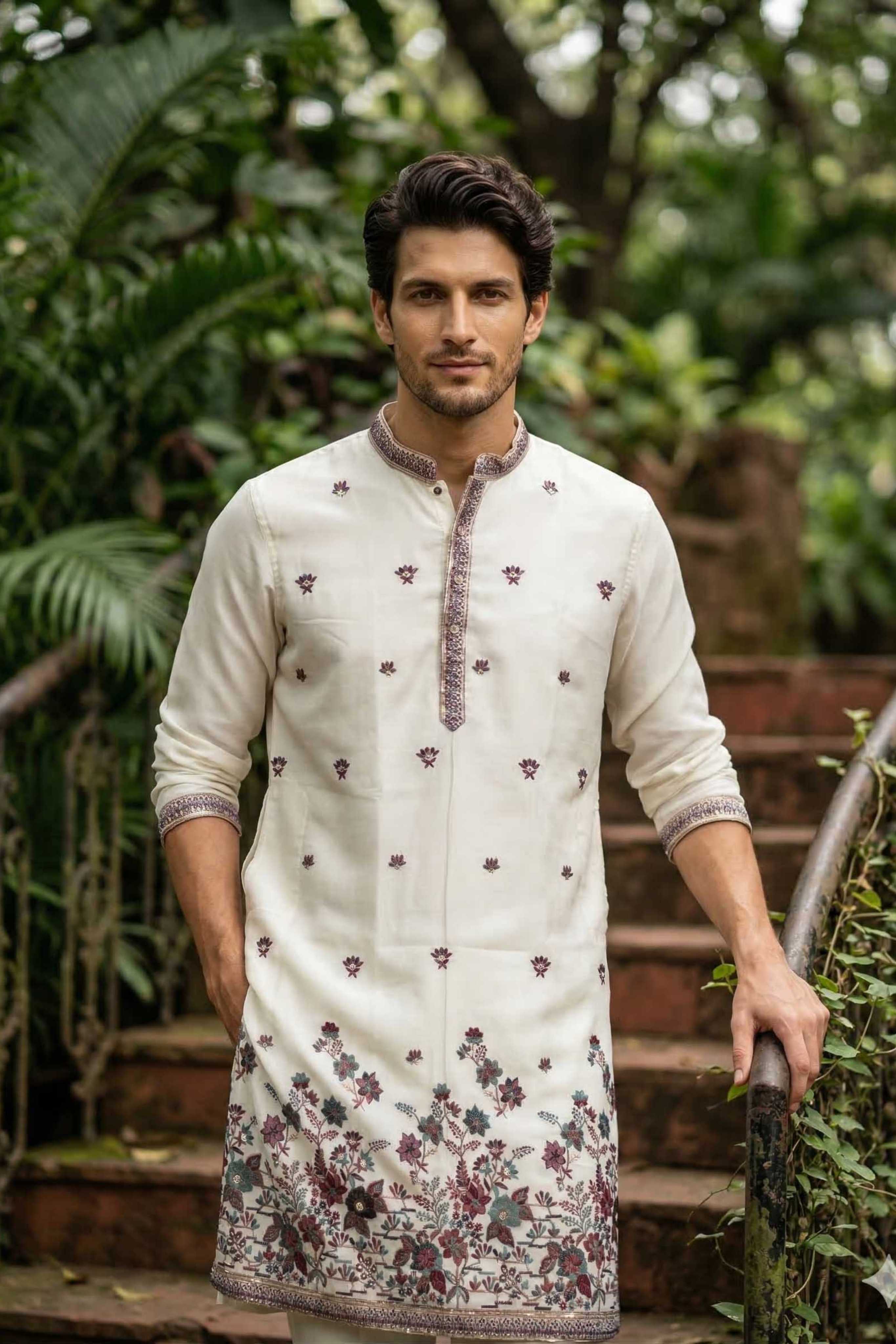 Off White Georgette Classic Floral Embroidery Long Kurta with Dupatta