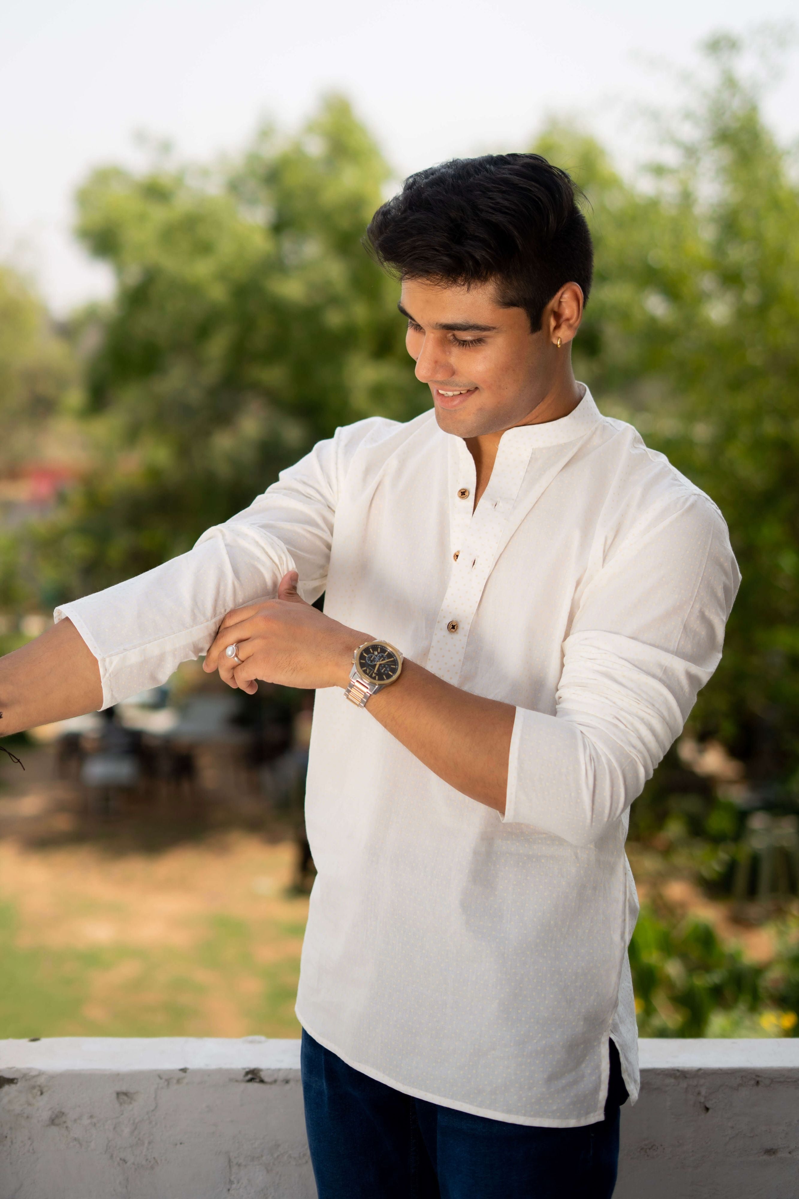 The White Short Kurta with Golden Polka Dots