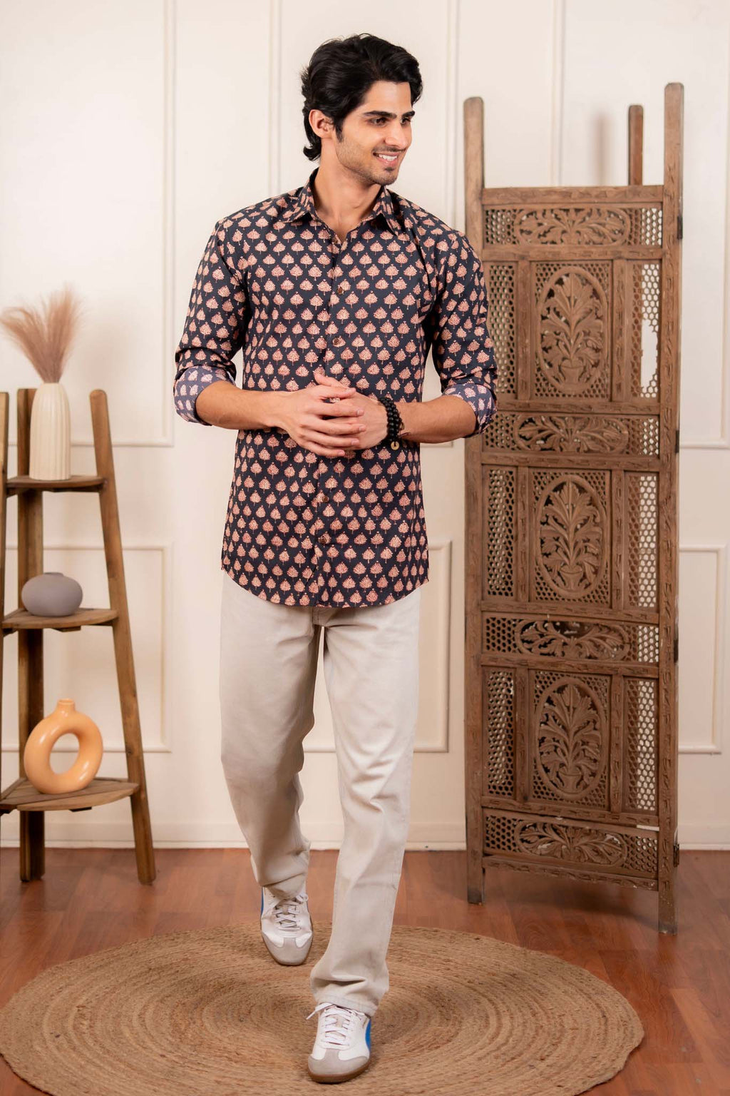 The Fleet Black Leaf Motif Shirt
