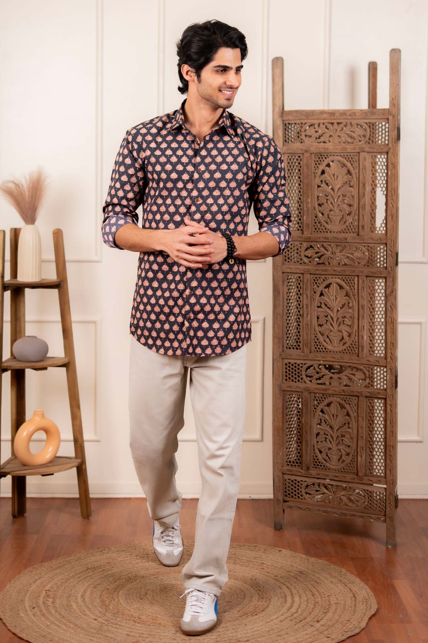 The Fleet Black Leaf Motif Shirt