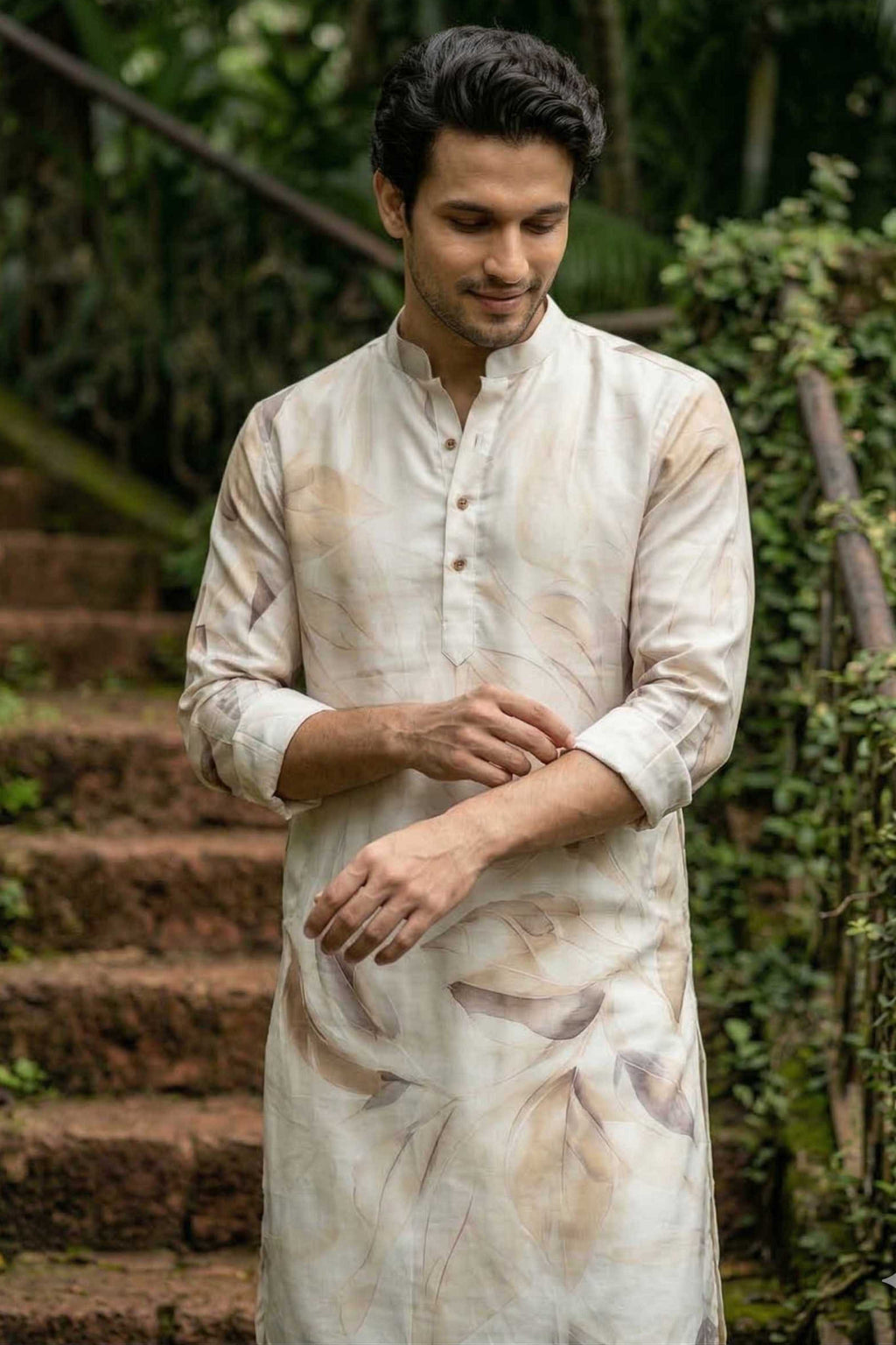 The Ivory Artistic Leaf Print Long Kurta
