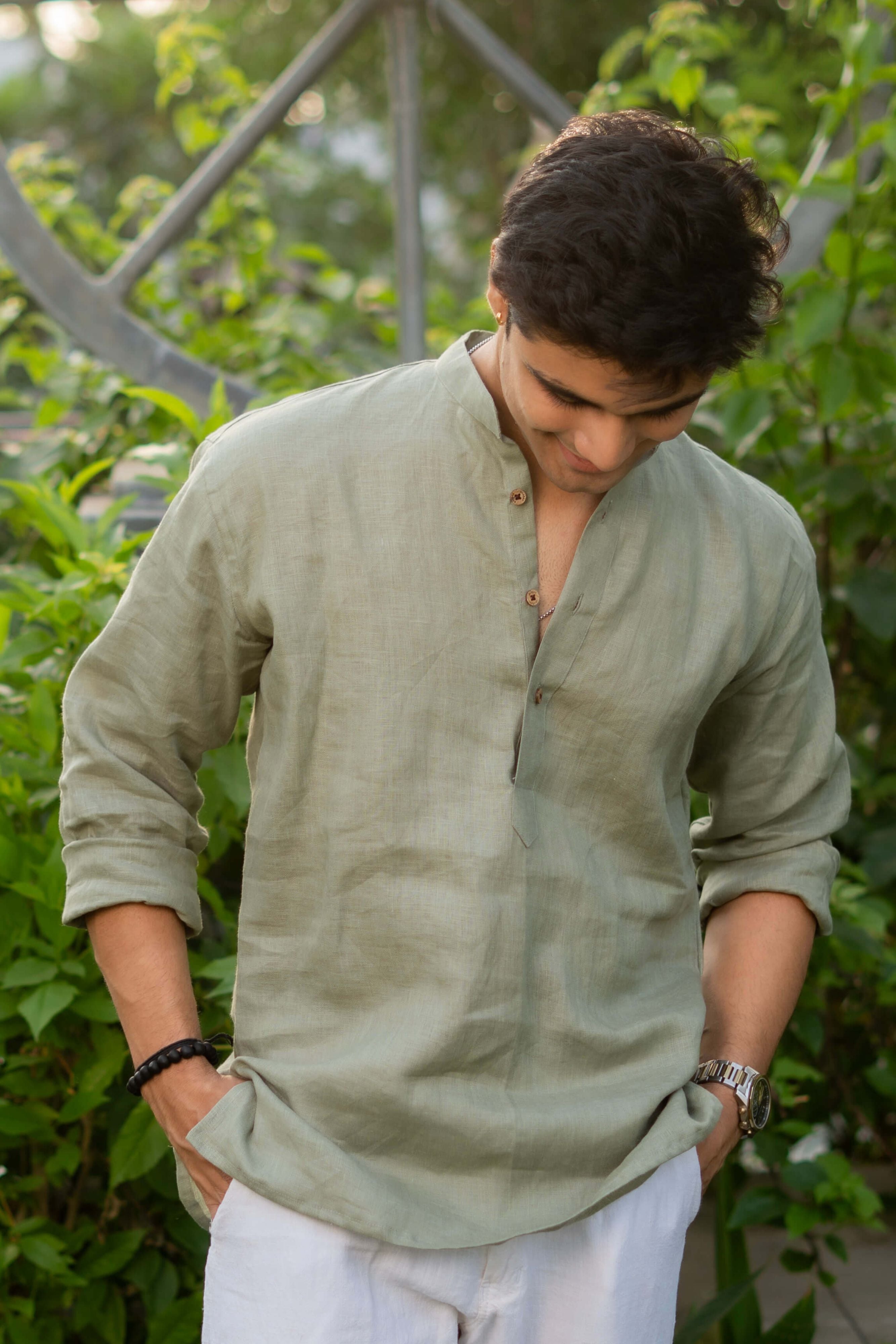 The Light Green Linen Short Kurta for Men