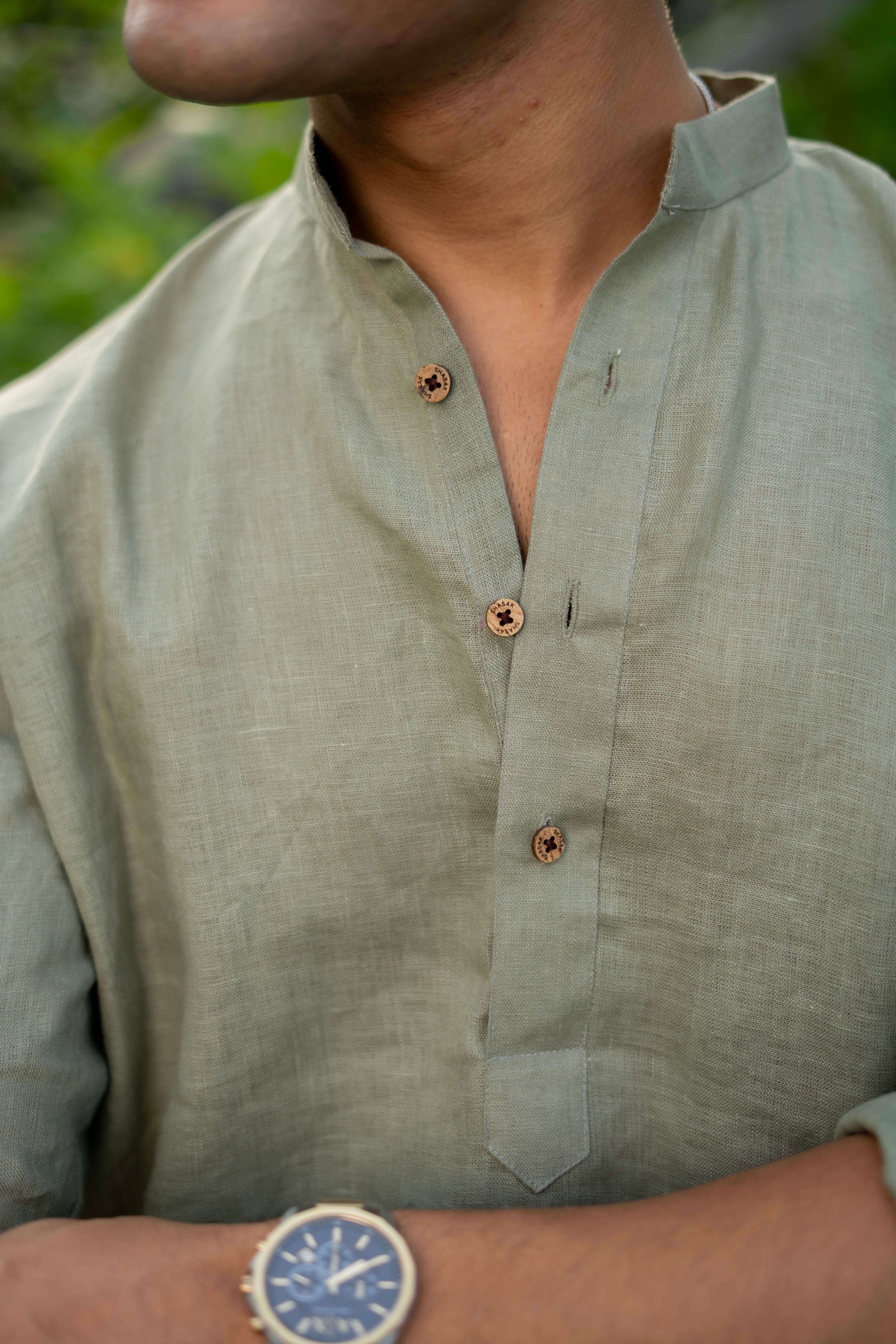 The Light Green Linen Short Kurta for Men