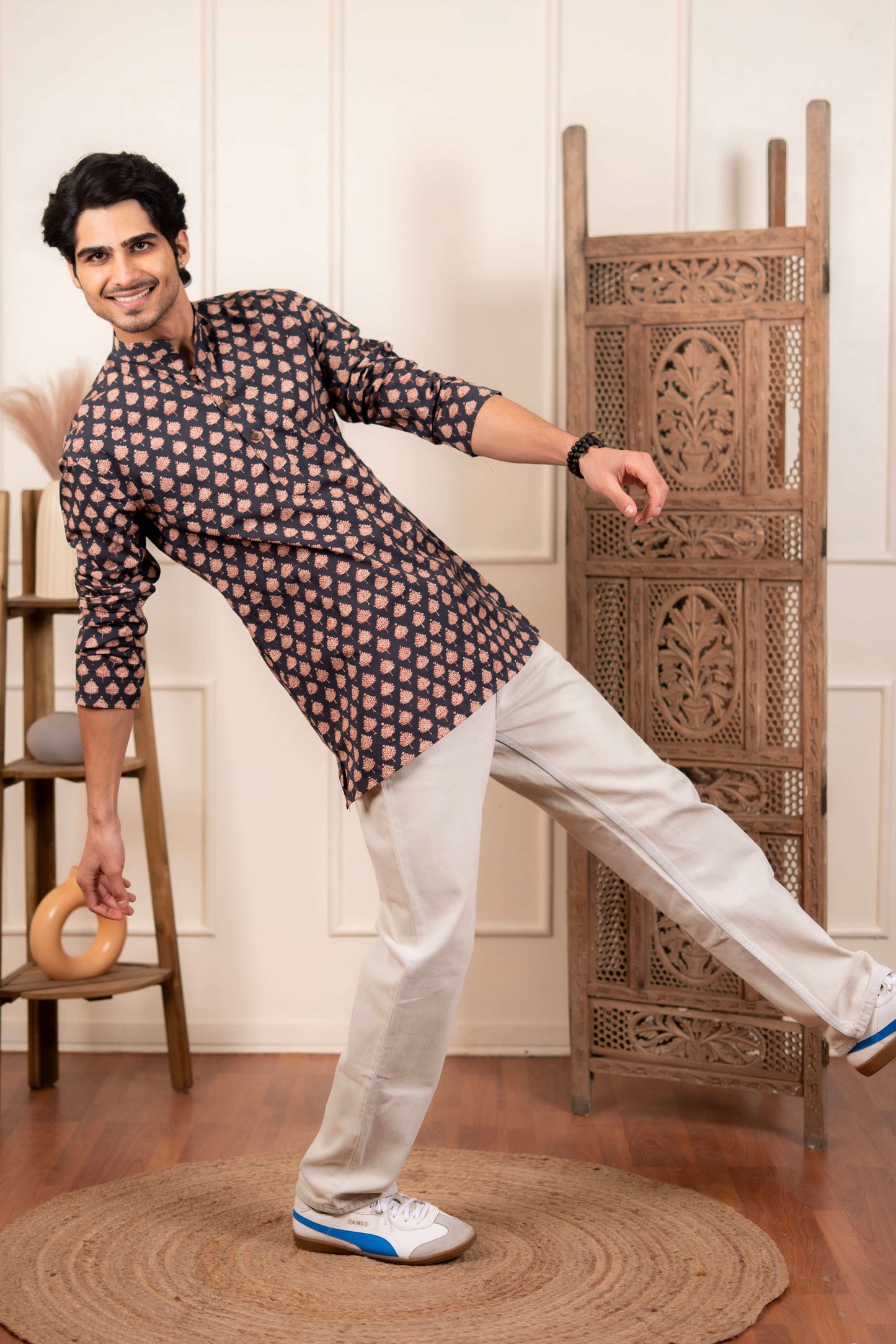 The Fleet Blue Leaf Motif Short Kurta