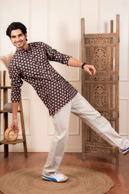 The Fleet Blue Leaf Motif Short Kurta