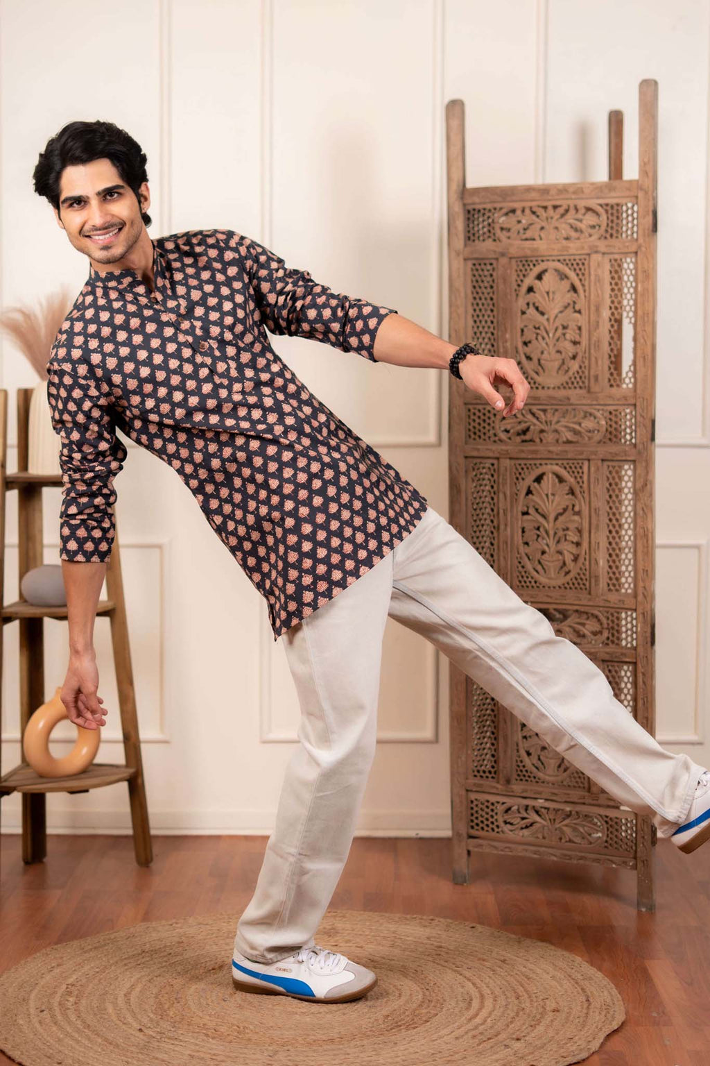 The Fleet Blue Leaf Motif Short Kurta