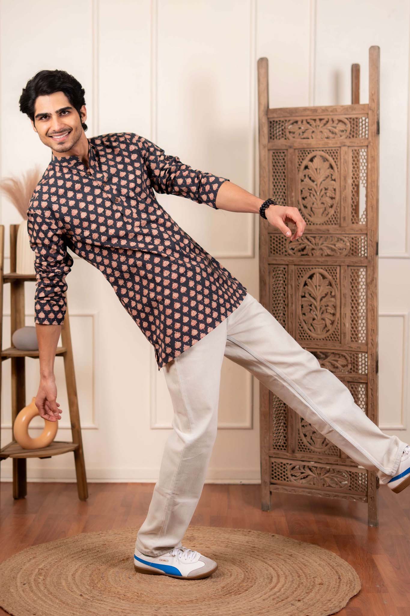 The Fleet Blue Leaf Motif Short Kurta