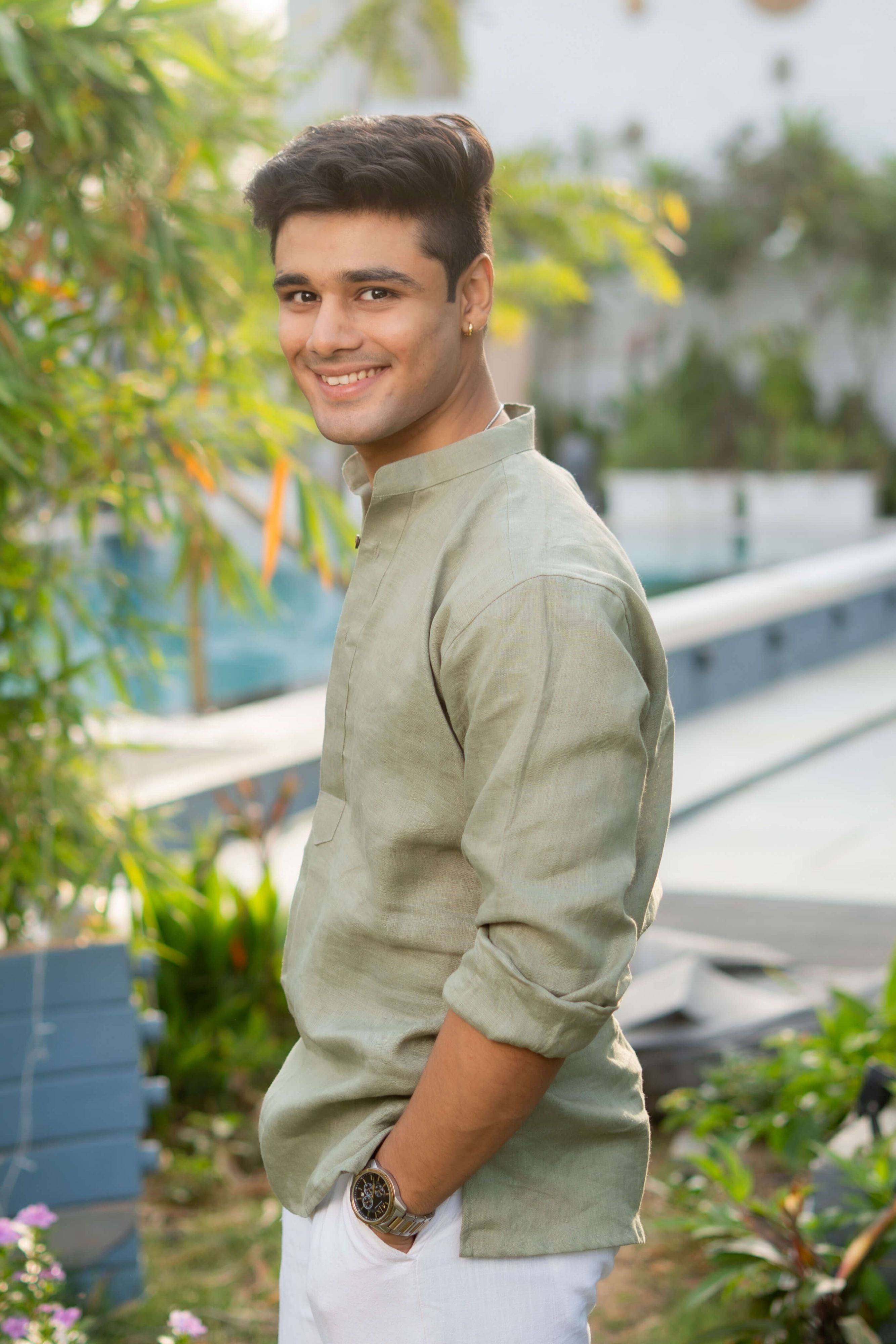 The Light Green Linen Short Kurta for Men