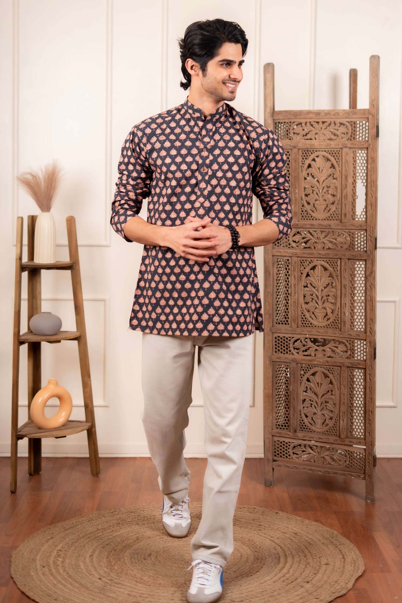 The Fleet Blue Leaf Motif Short Kurta