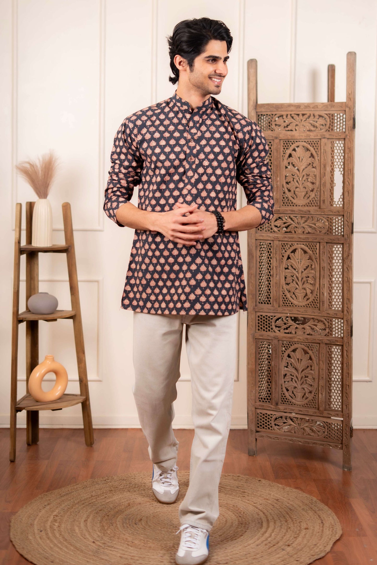 The Fleet Blue Leaf Motif Short Kurta