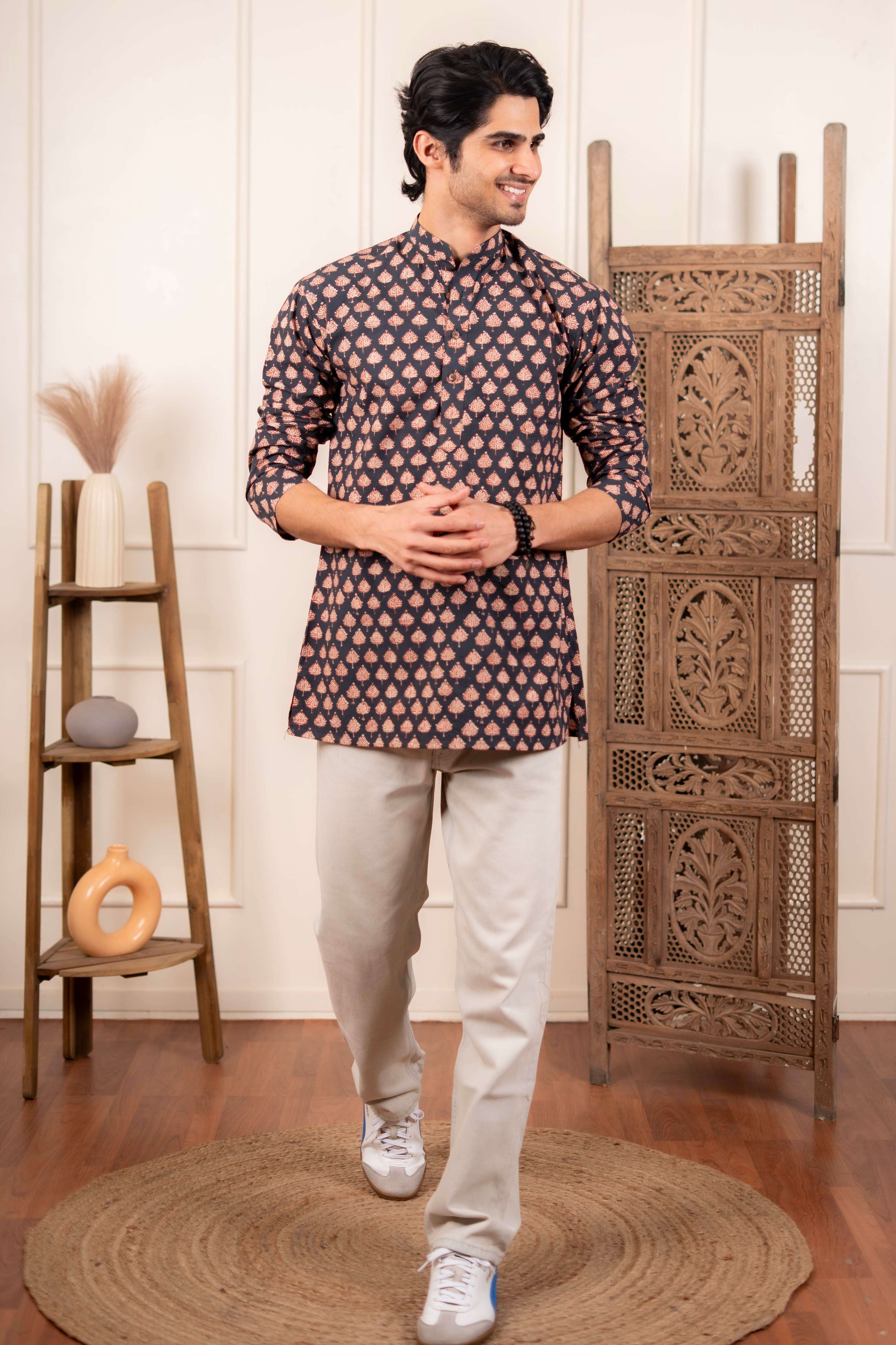The Fleet Blue Leaf Motif Short Kurta