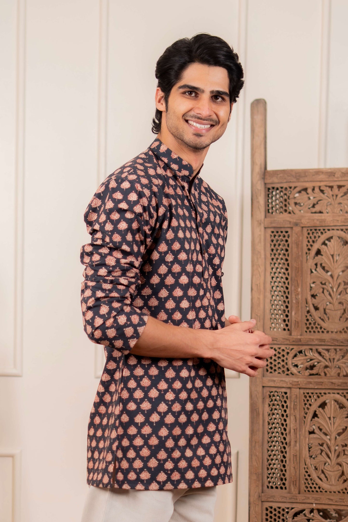 The Fleet Blue Leaf Motif Short Kurta