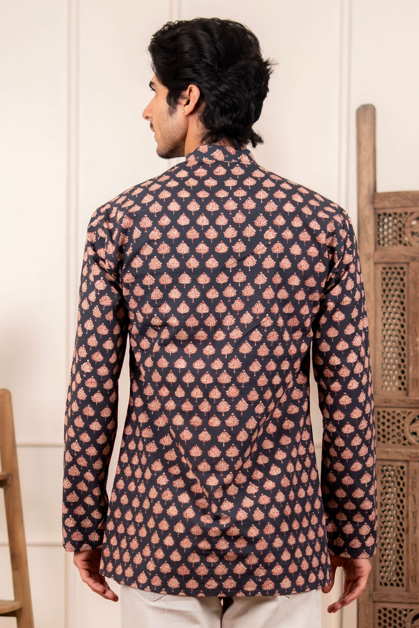 The Fleet Blue Leaf Motif Short Kurta
