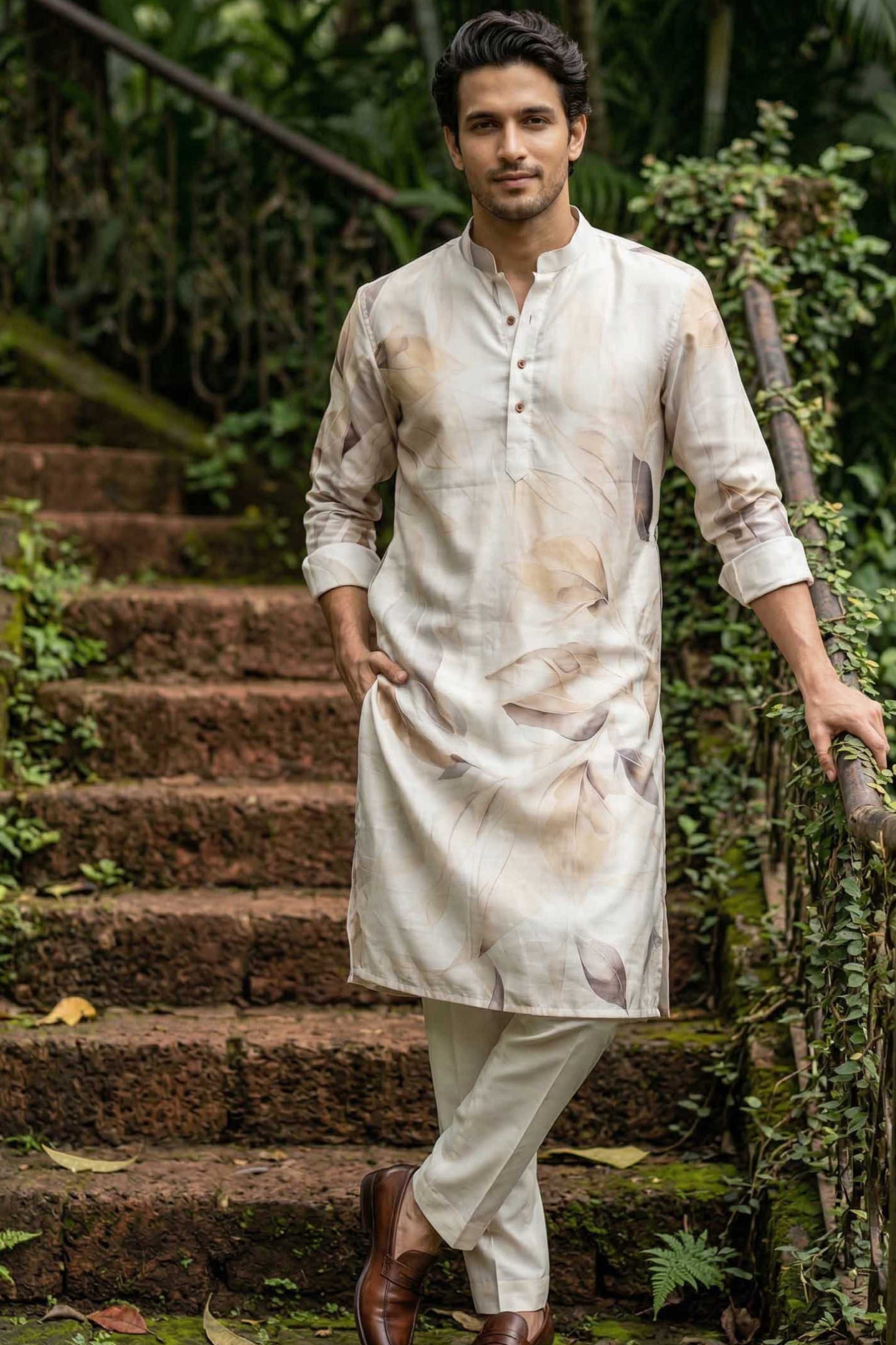 The Ivory Artistic Leaf Print Long Kurta