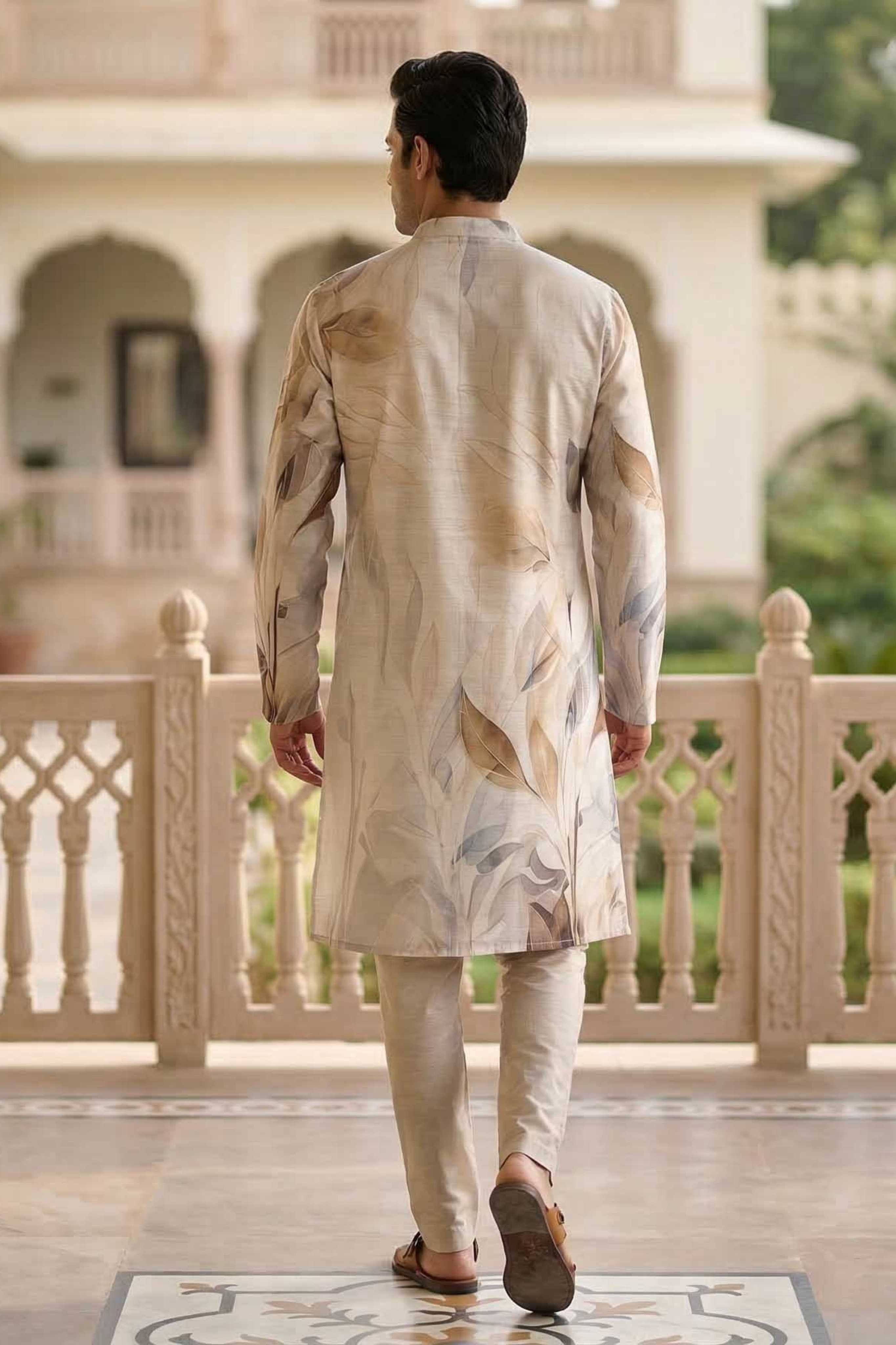 The Ivory Artistic Leaf Print Long Kurta