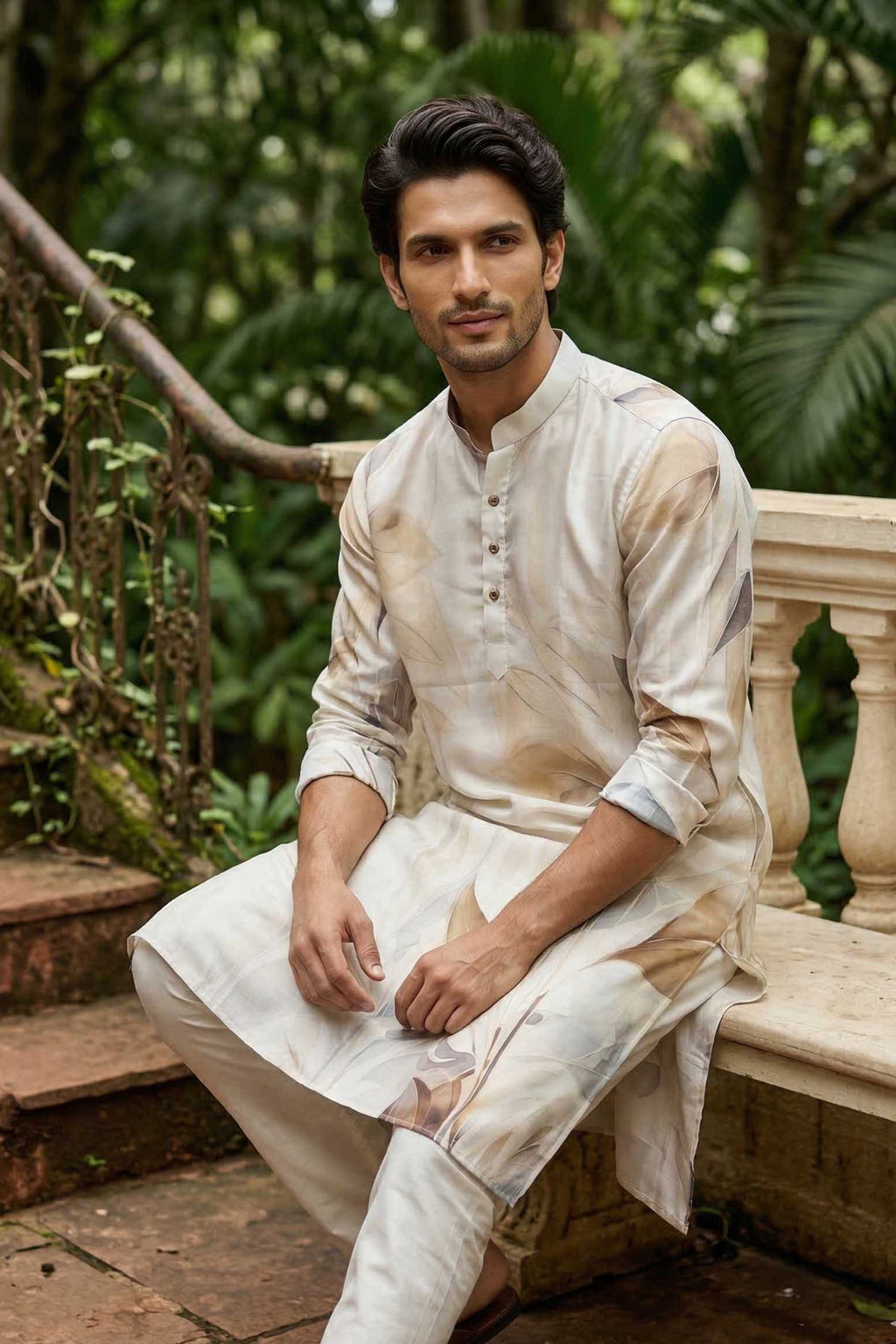 The Ivory Artistic Leaf Print Long Kurta