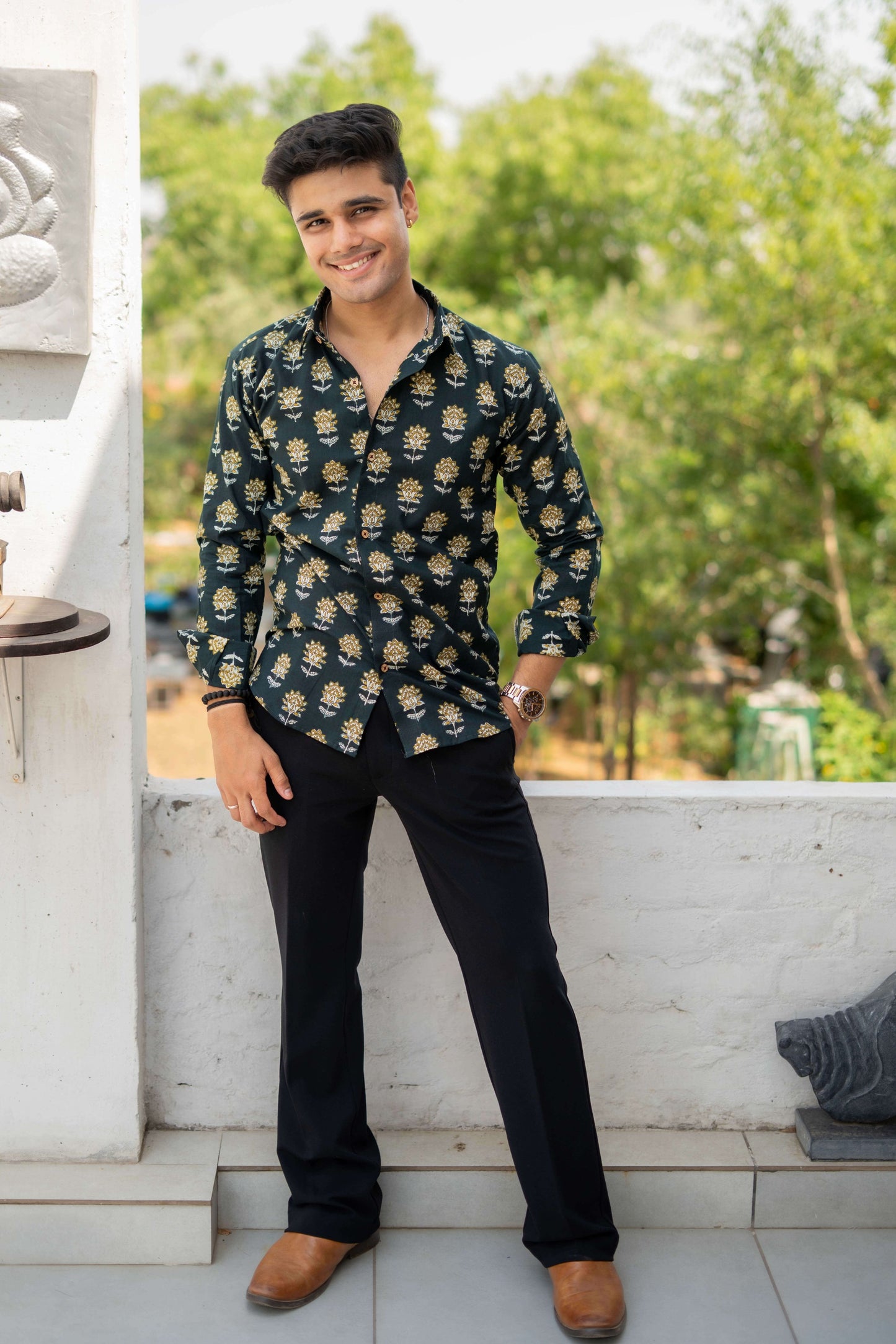 The Castel Green Shirt with Yellow and White Flower Print