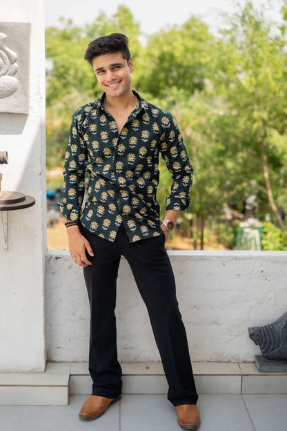 The Castel Green Shirt with Yellow and White Flower Print