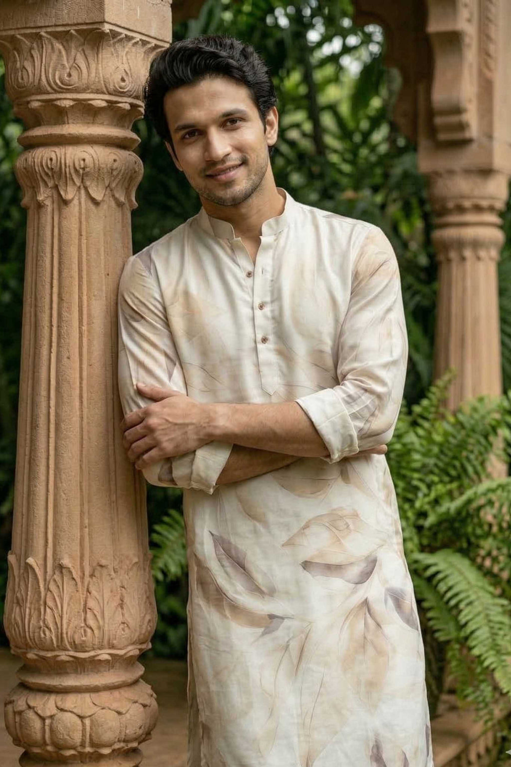 The Ivory Artistic Leaf Print Long Kurta