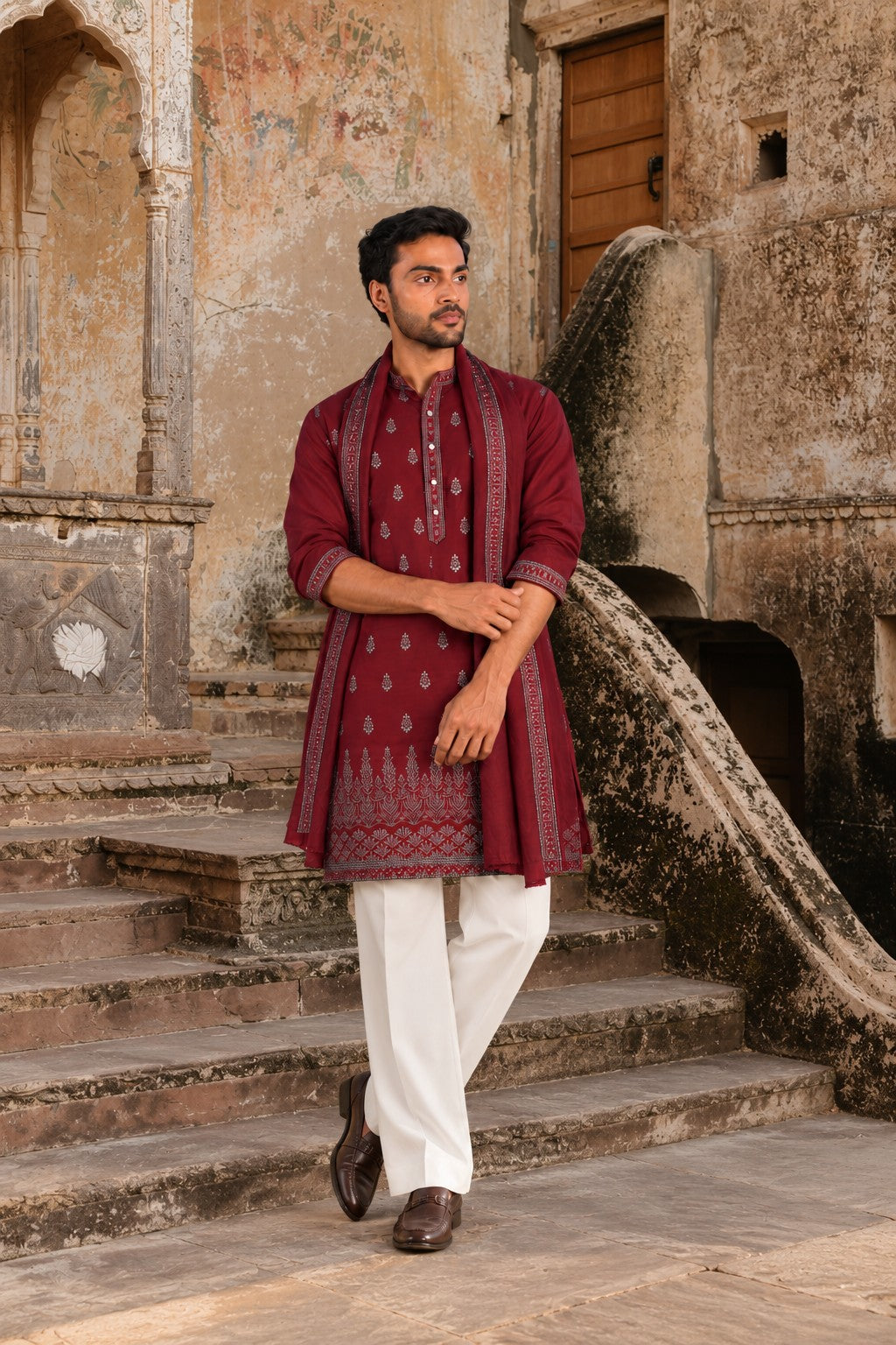 The Maroon Royal Canopy Embroidery Kurta With Dupatta