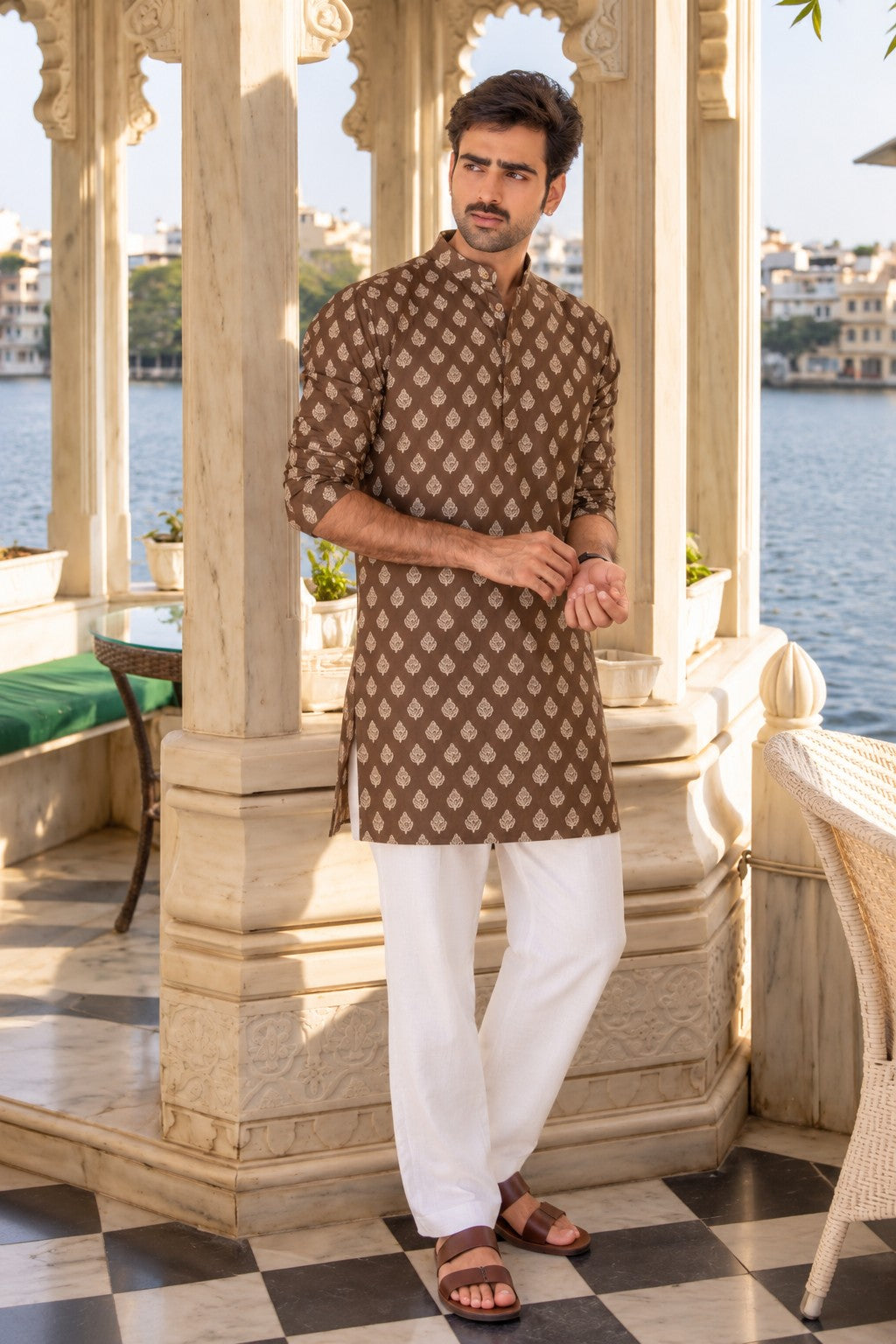 The Dark Brown Floral Motif Mid Thigh Kurta