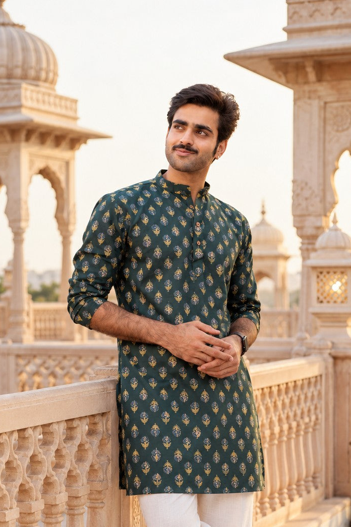 The Deep Green Garden Buti Print Mid Thigh Kurta