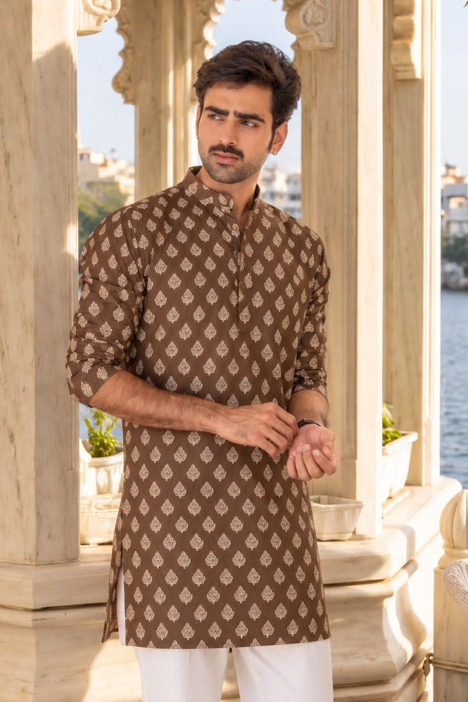 The Dark Brown Floral Motif Mid Thigh Kurta