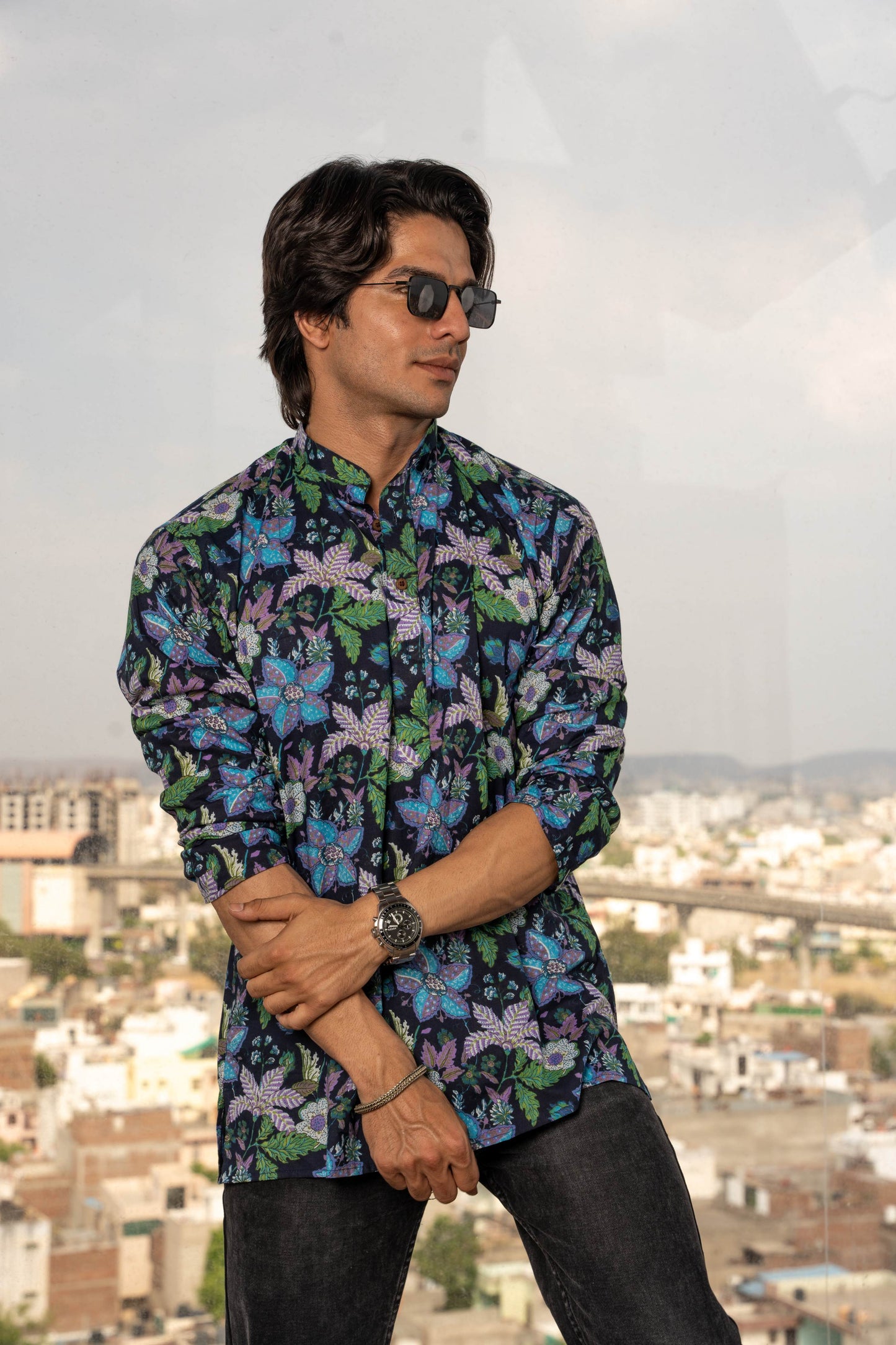 The Navy Blue Short Kurta With Floral Beach Print