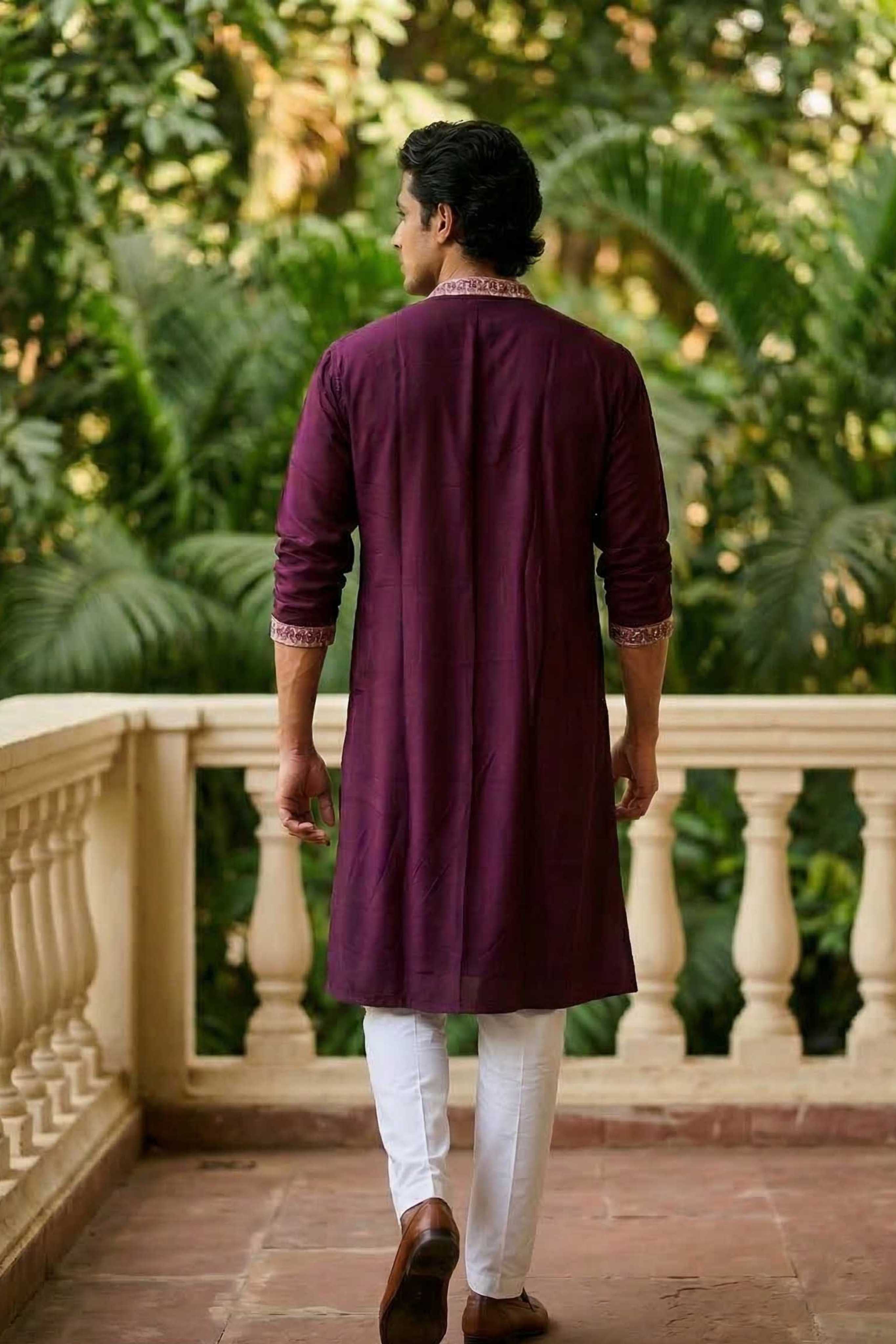 Wine Purple Designer Georgette Long Kurta with Floral Embroidery and Dupatta