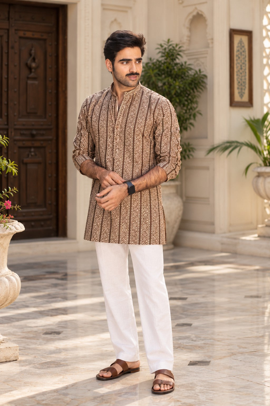 The Charcoal Tribal Stripe Mid Thigh Kurta
