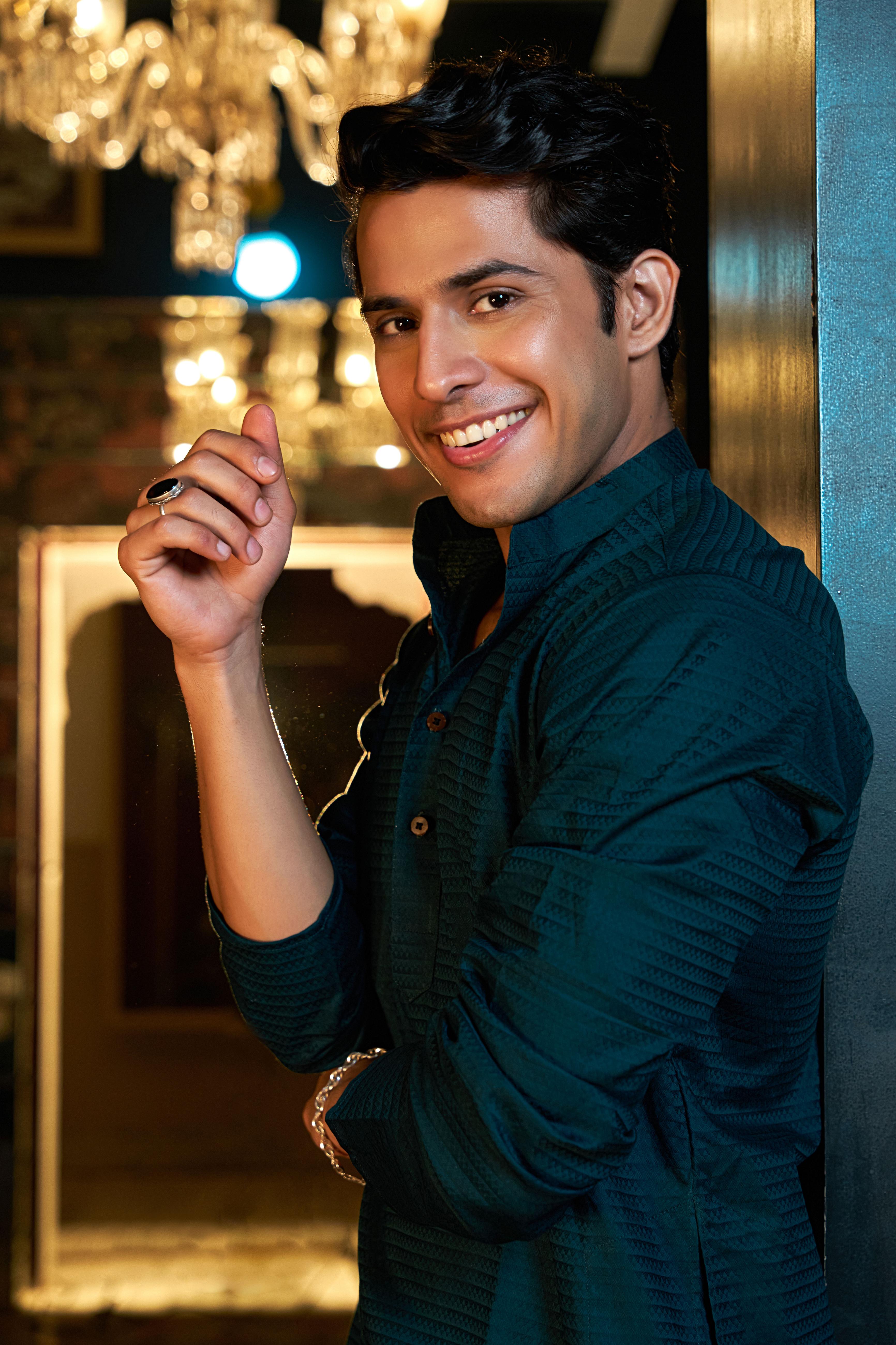 Indian men in blue long kurta for men. 