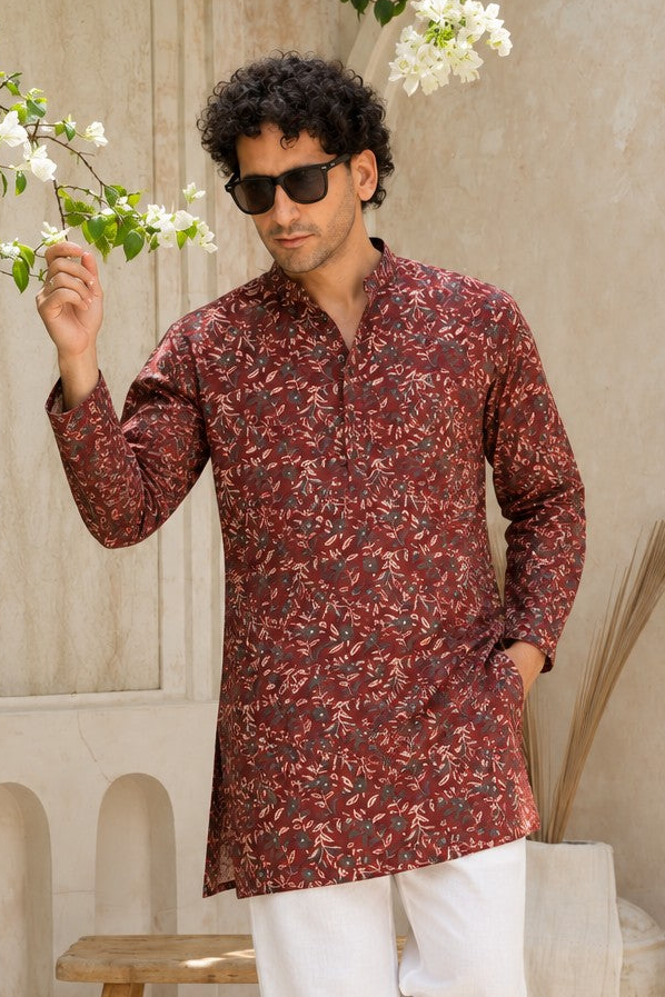 The Crimson Maroon Mid Thigh Kurta With Floral Print