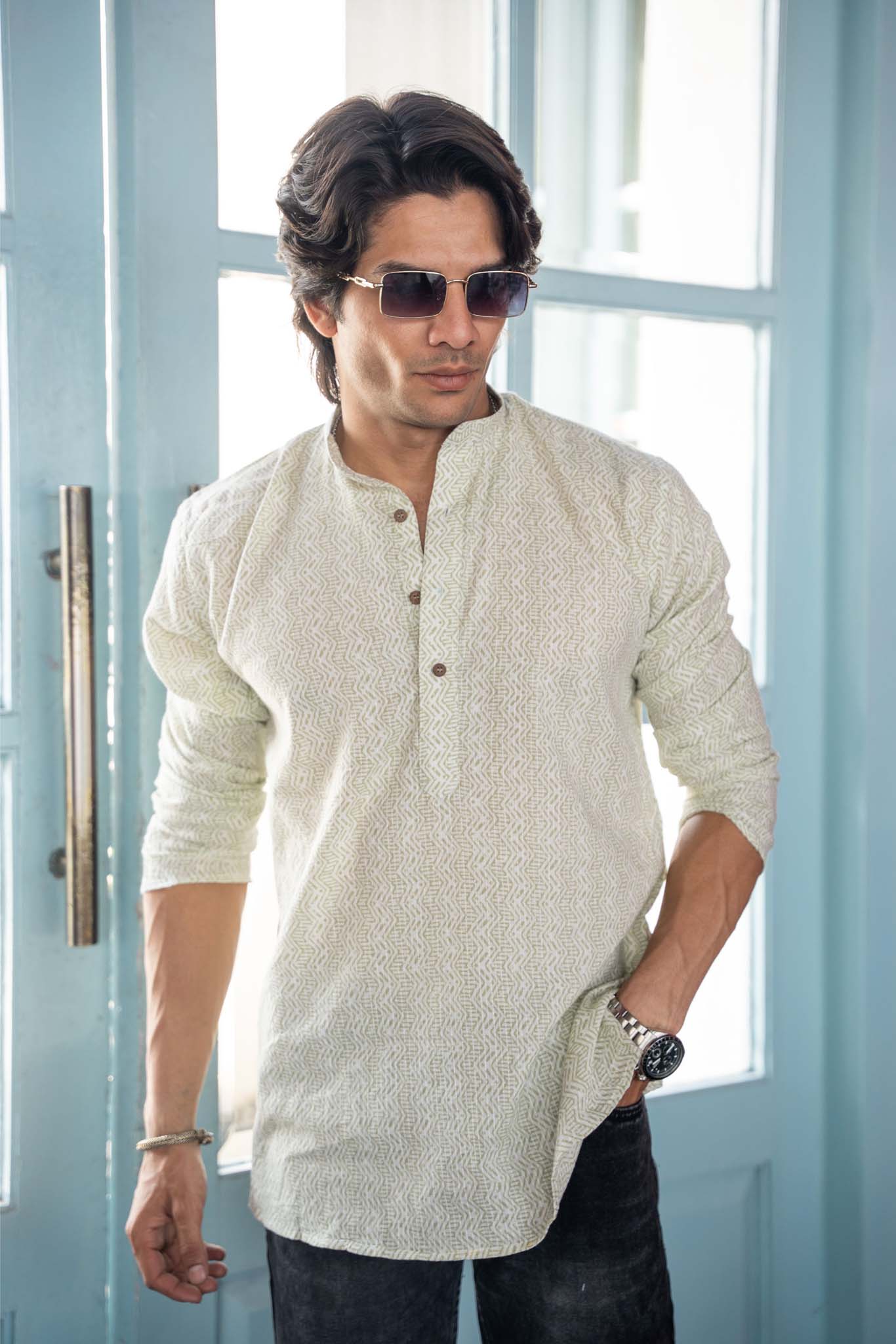 The White Kantha Work Short Kurta With Pastel Green Tribal Print