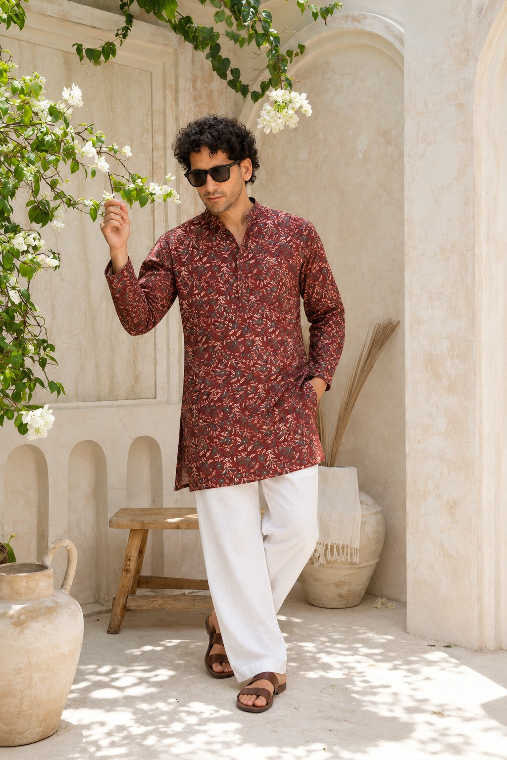 The Crimson Maroon Mid Thigh Kurta With Floral Print