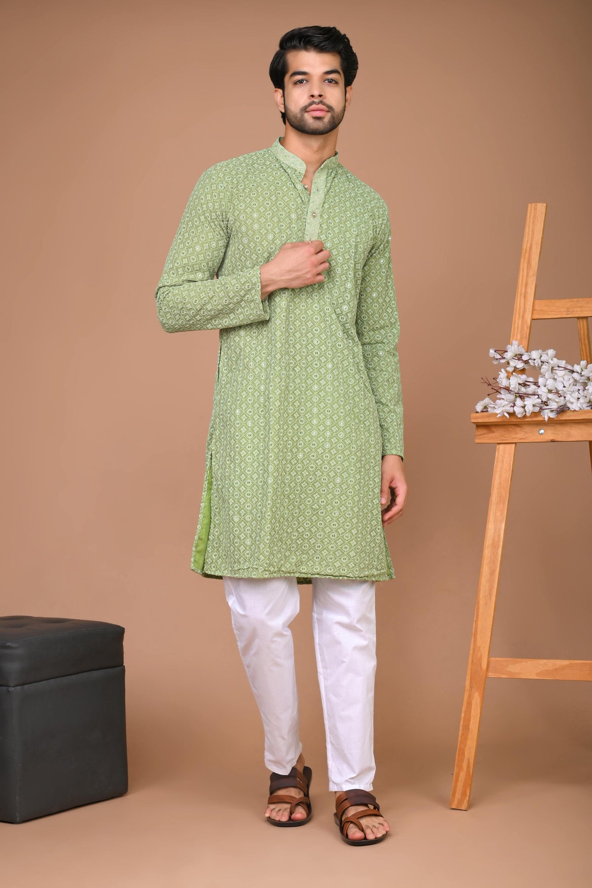 The Marine Green Chikan Kari Long kurta