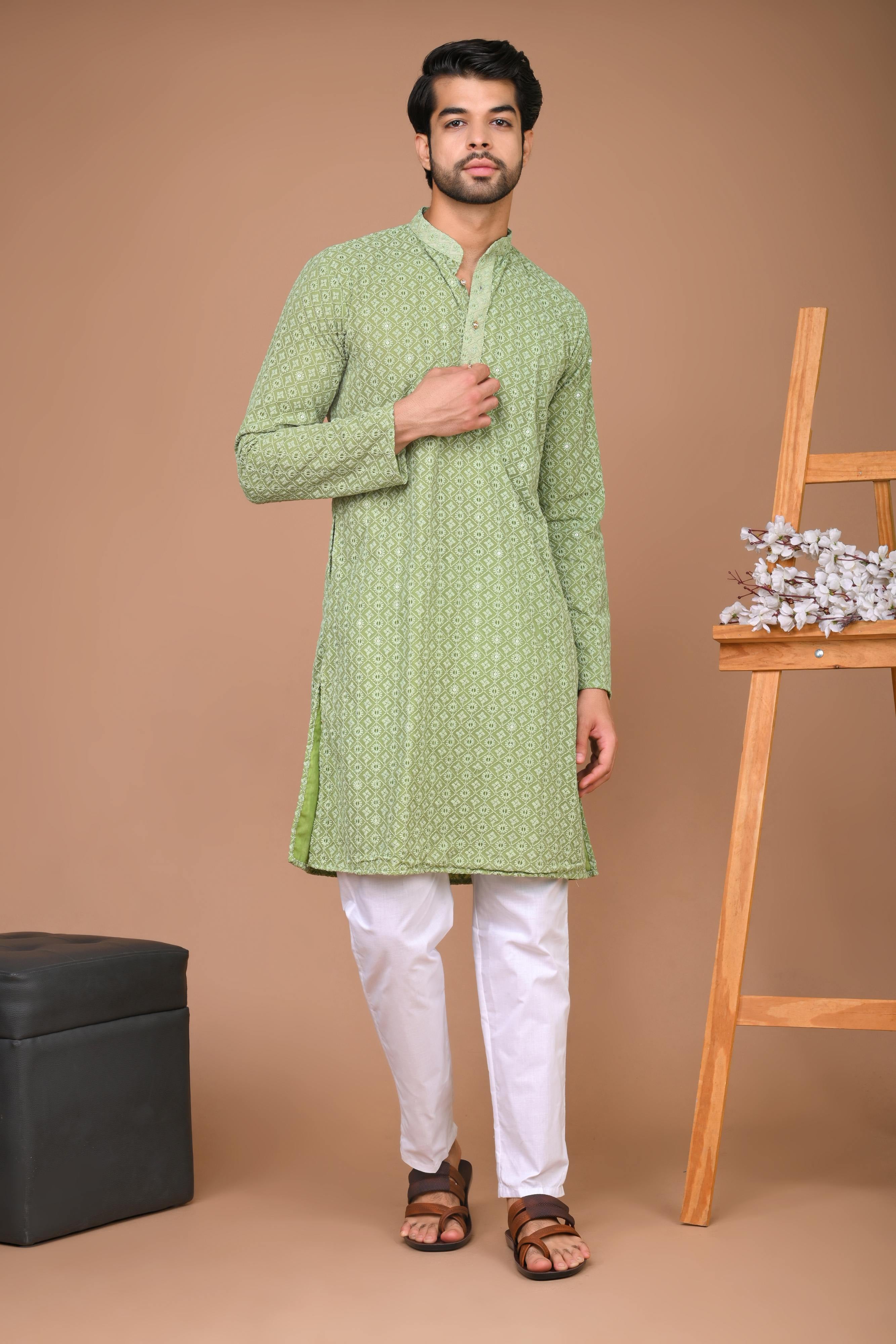 The Marine Green Chikan Kari Long kurta